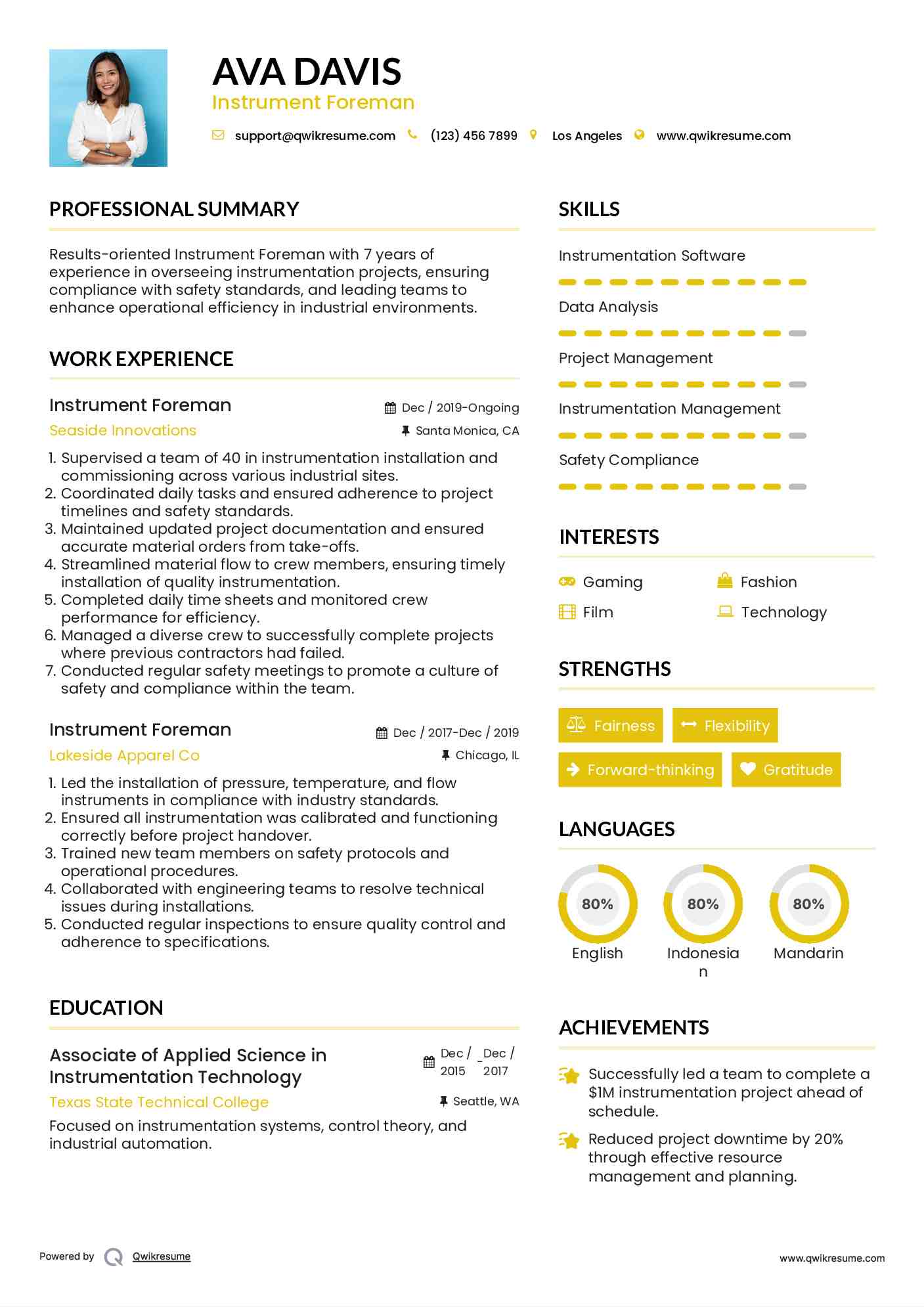 Instrument Foreman Resume Sample