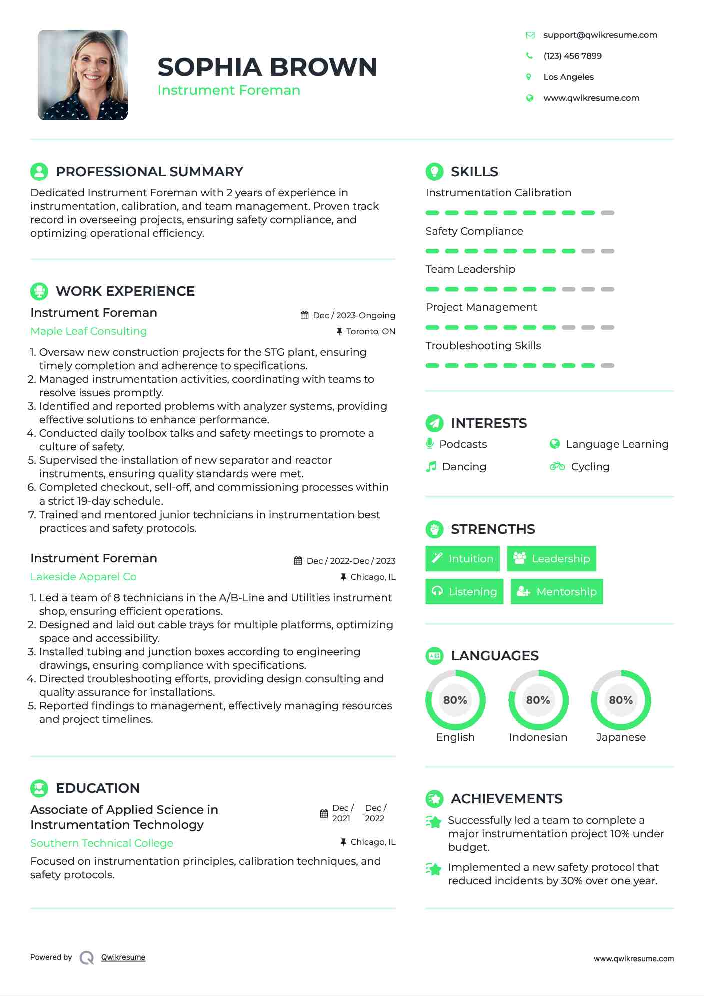 Instrument Foreman Resume Example