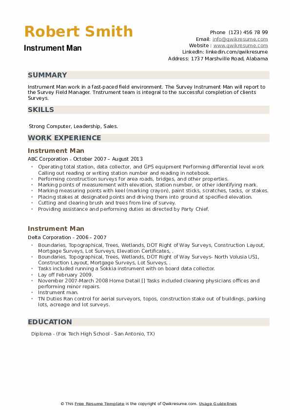 Instrument Man Resume Samples QwikResume