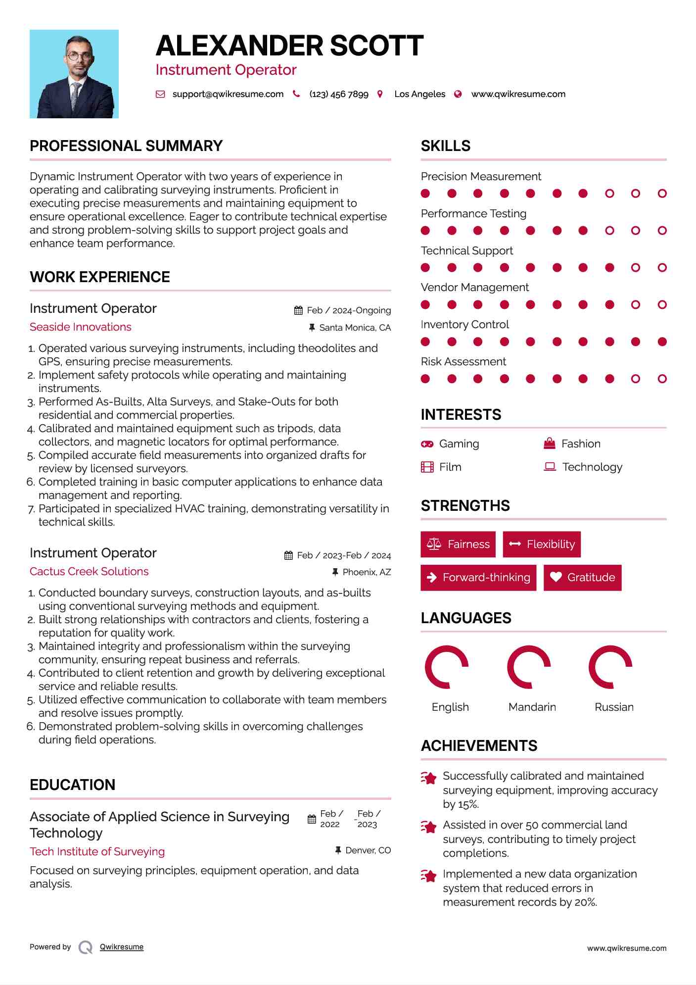 Instrument Operator Resume Samples QwikResume