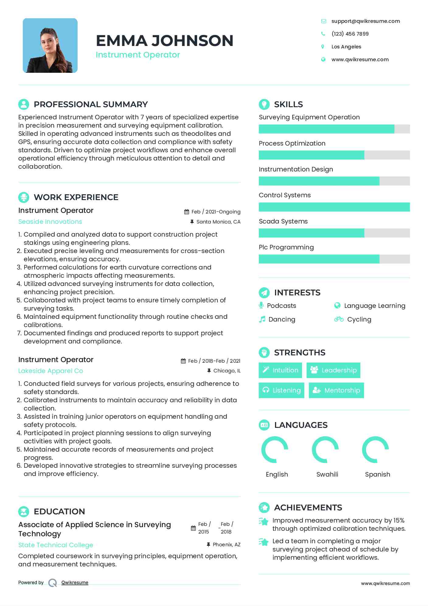 Instrument Operator Resume Samples QwikResume