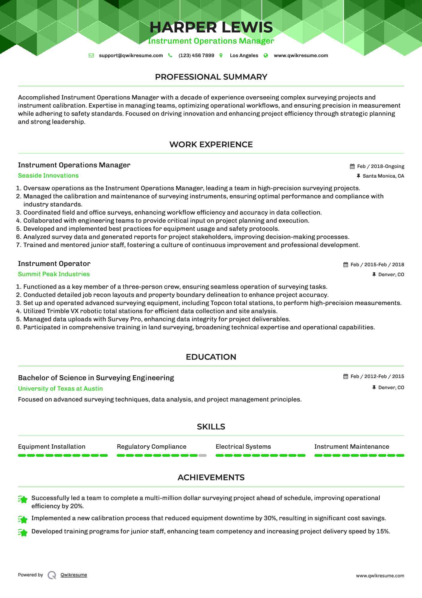 Instrument Operations Manager Resume Format