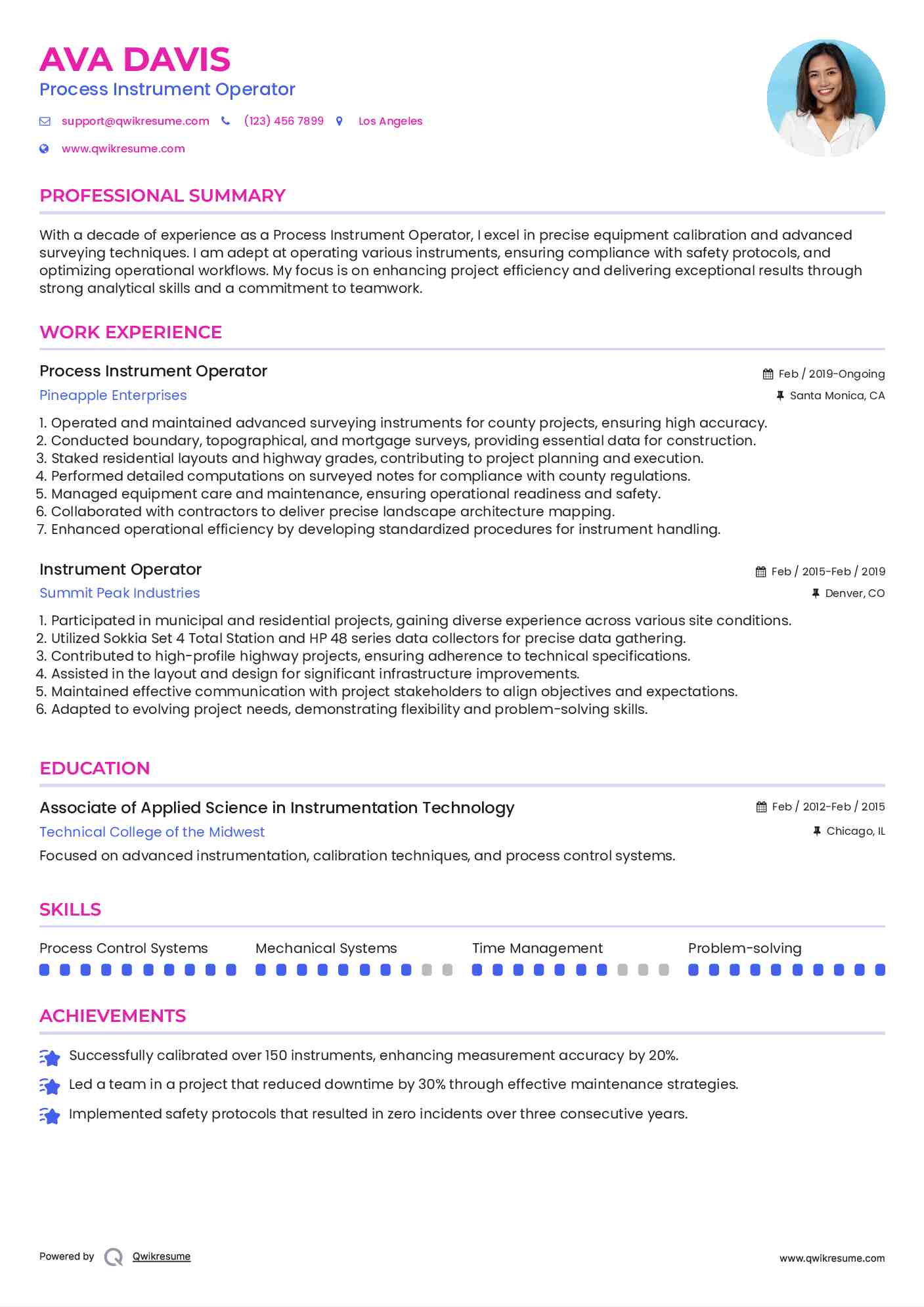 Process Instrument Operator Resume Model