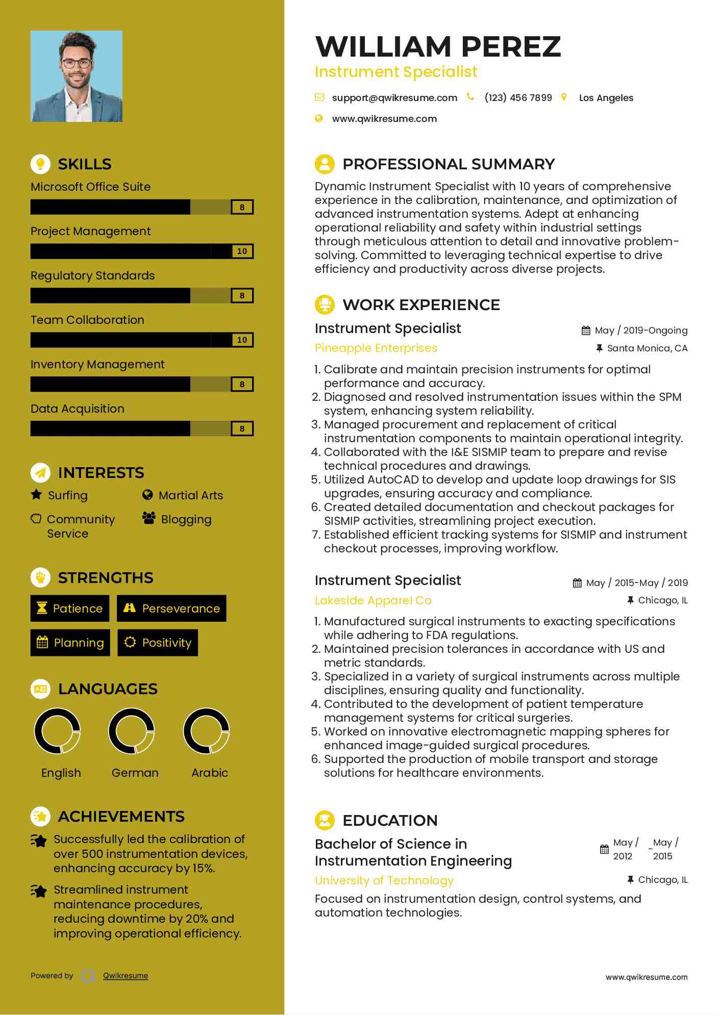 Instrument Specialist Resume Samples QwikResume