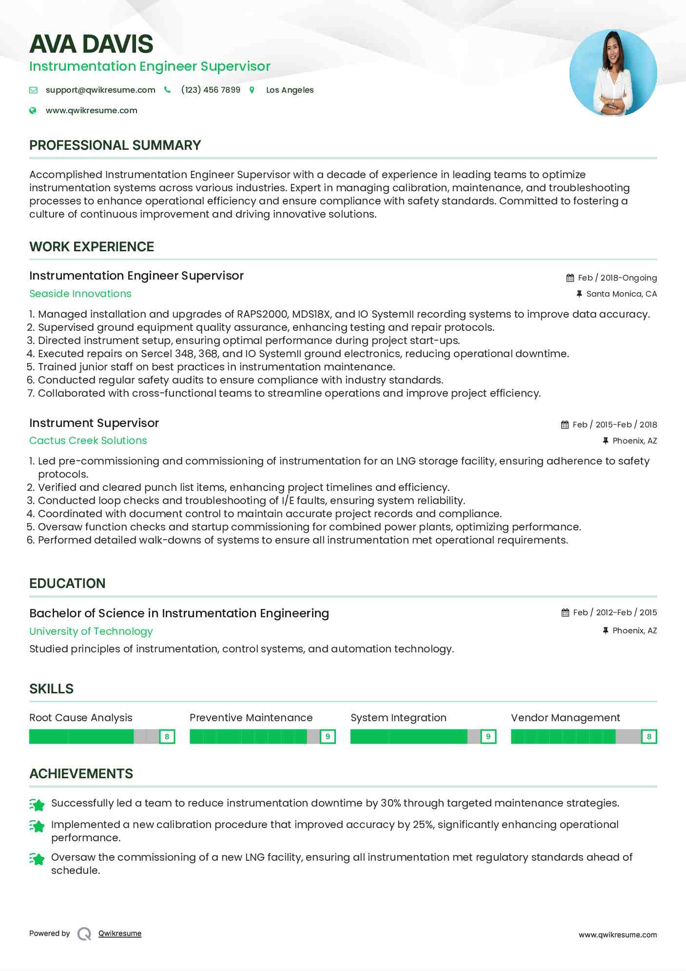 Instrumentation Engineer Supervisor Resume Sample