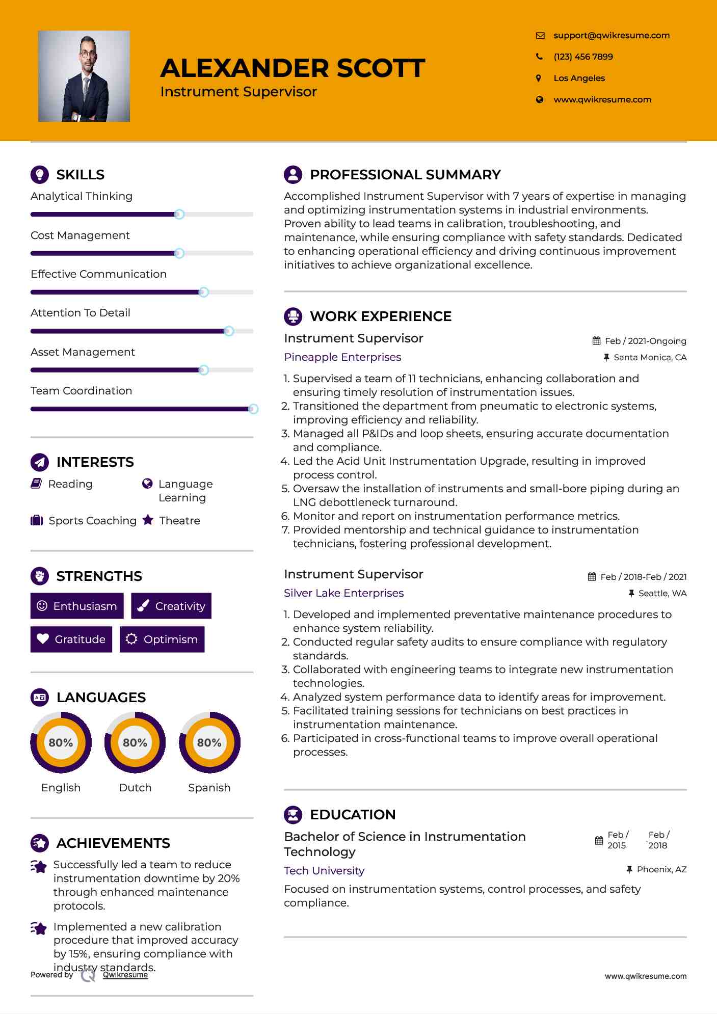 Instrument Supervisor Resume Sample