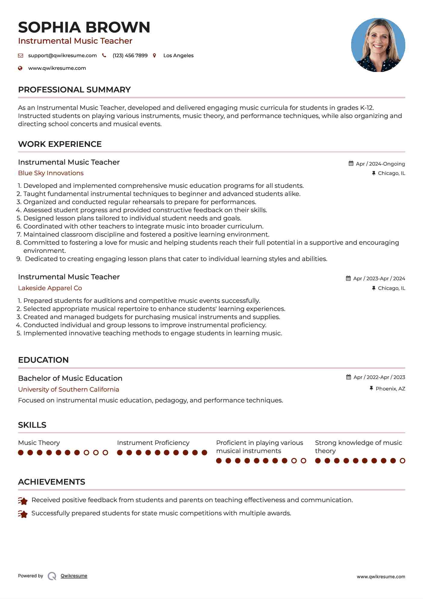 Instrumental Music Teacher Resume Template