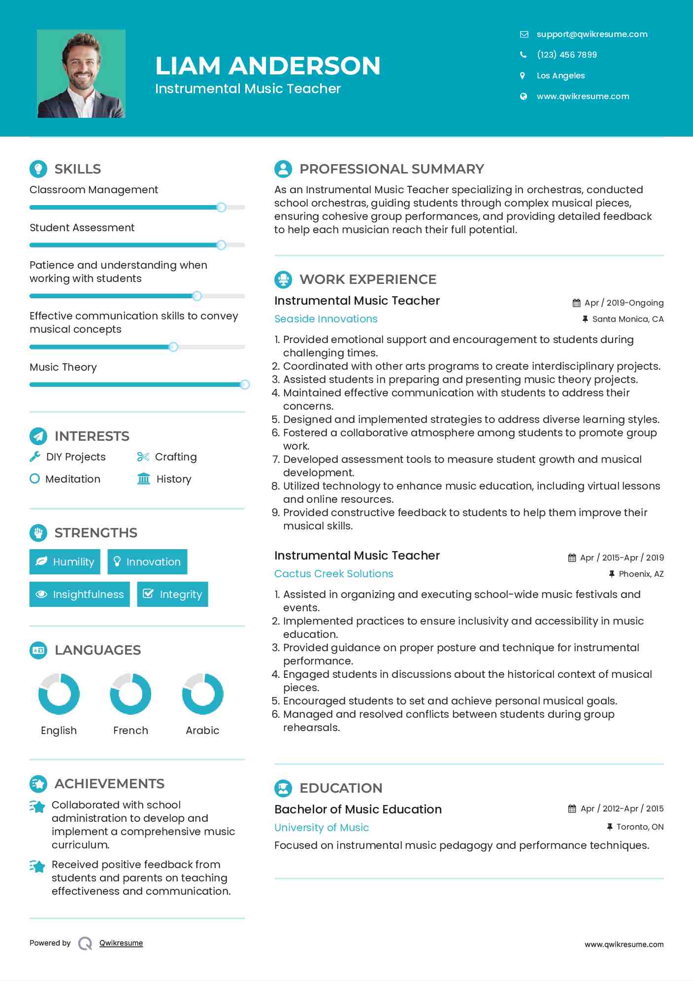 Instrumental Music Teacher Resume Model