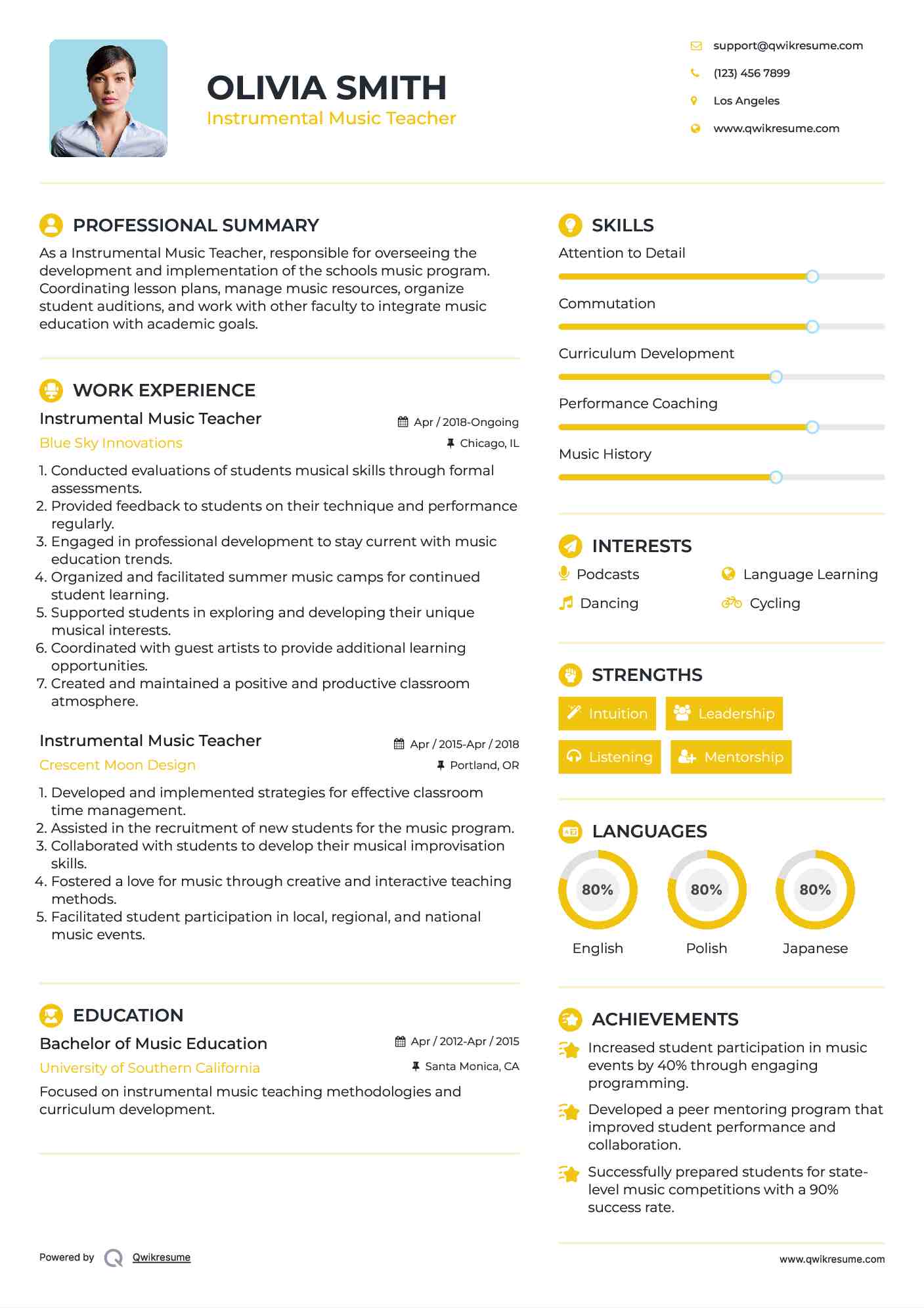 Instrumental Music Teacher Resume Sample