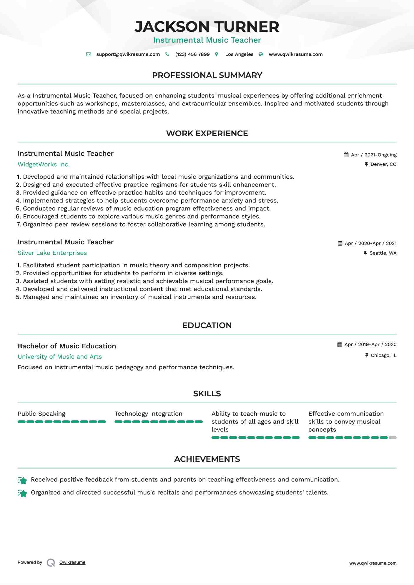 Instrumental Music Teacher Resume Model