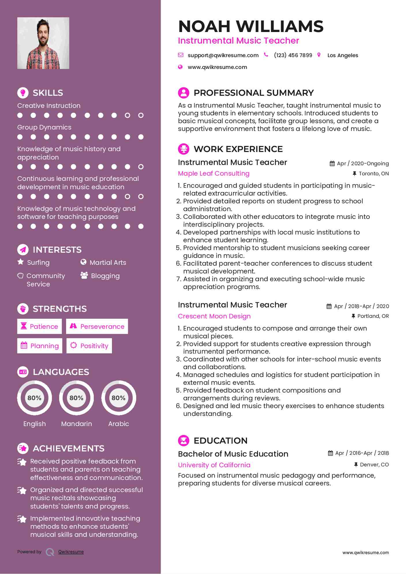 Instrumental Music Teacher Resume Example