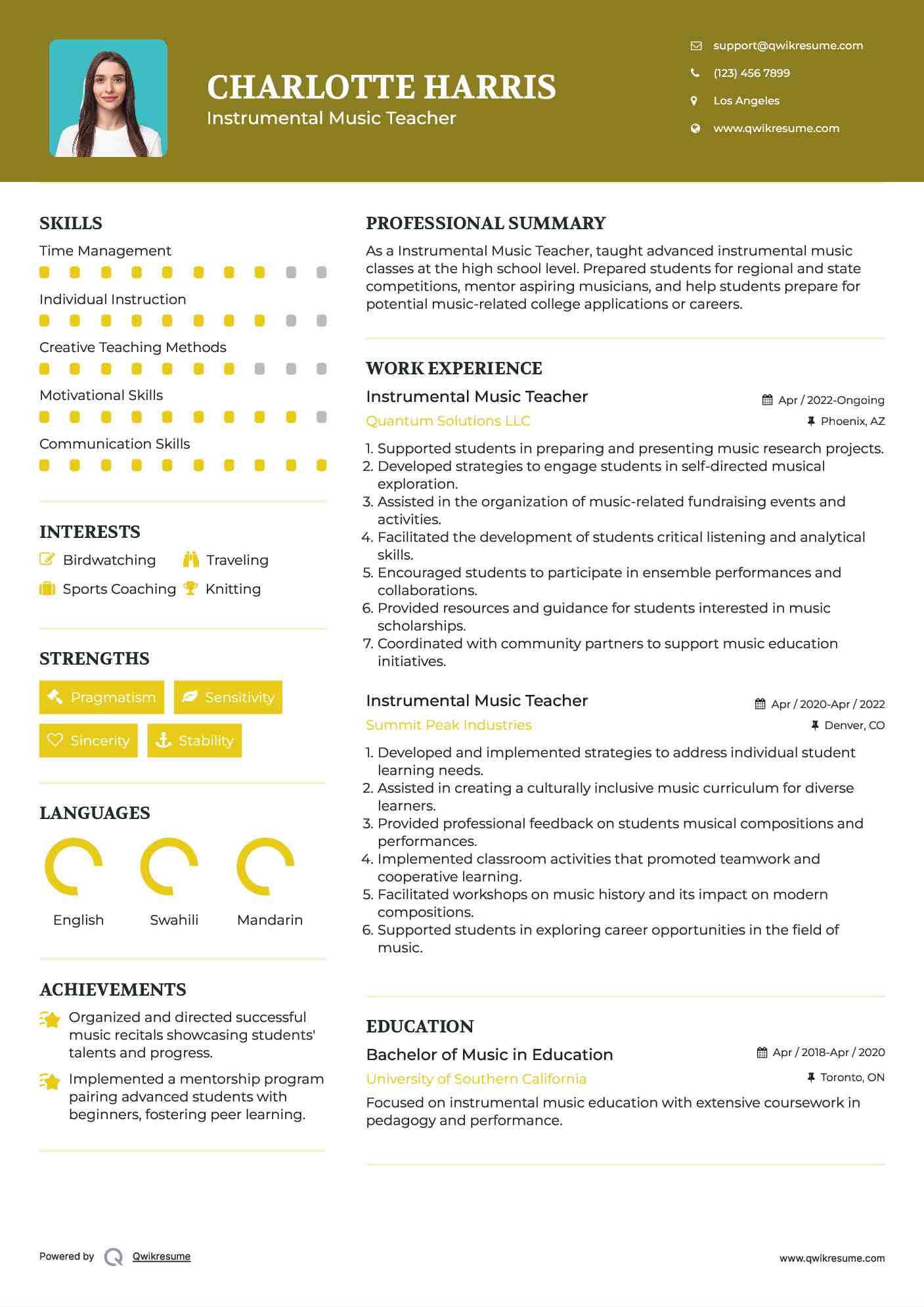 Instrumental Music Teacher Resume Sample