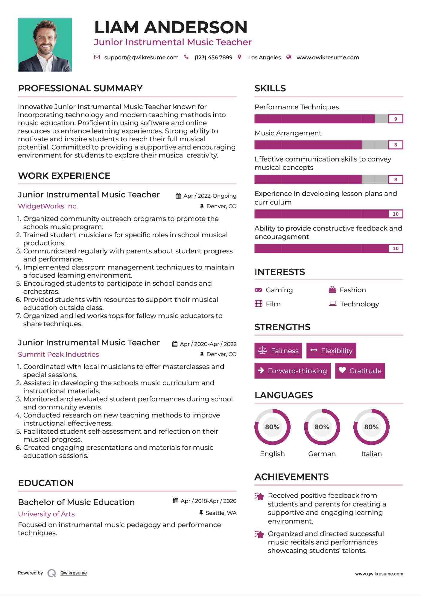 Junior Instrumental Music Teacher Resume Example