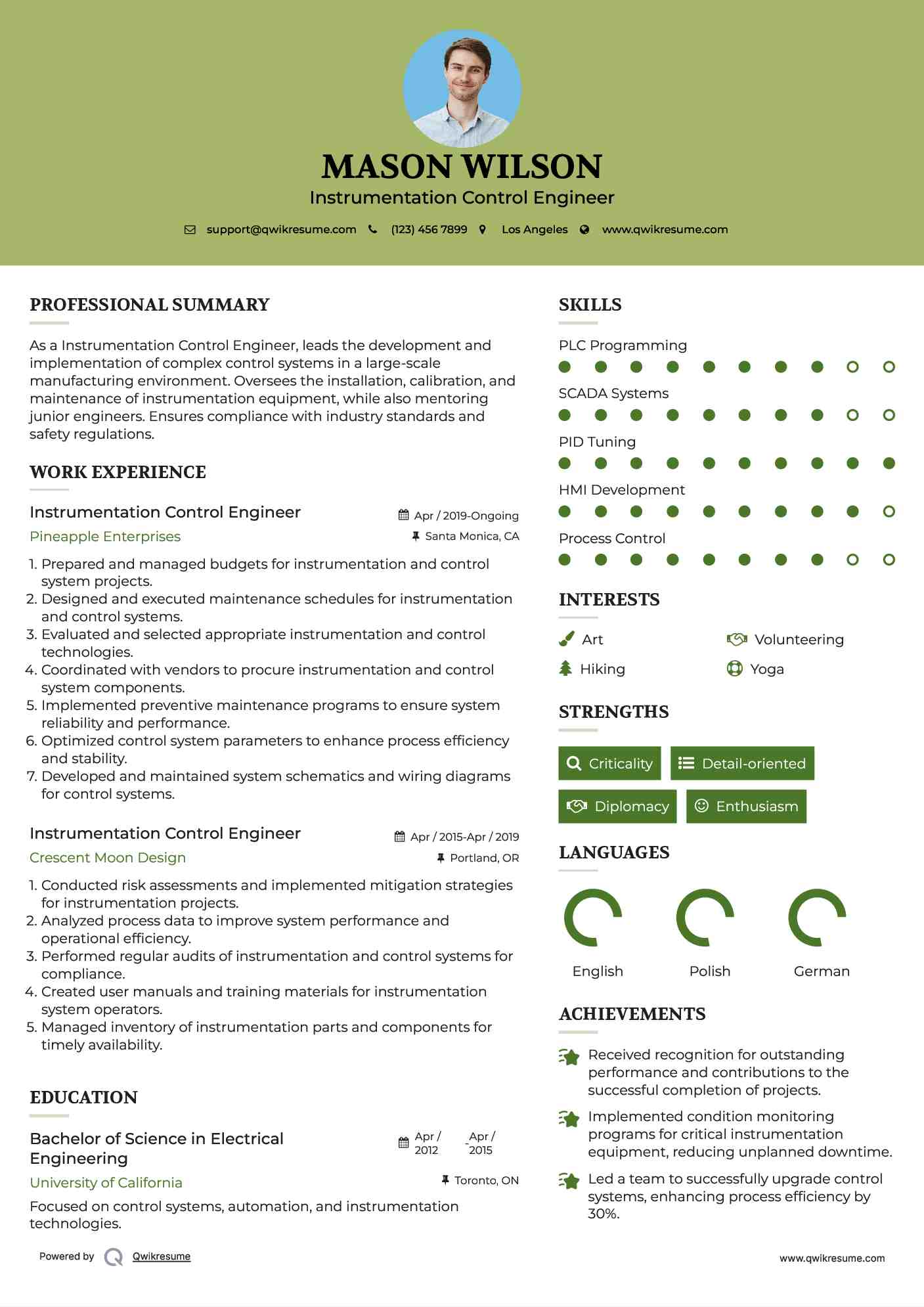 Instrumentation Control Engineer Resume Sample