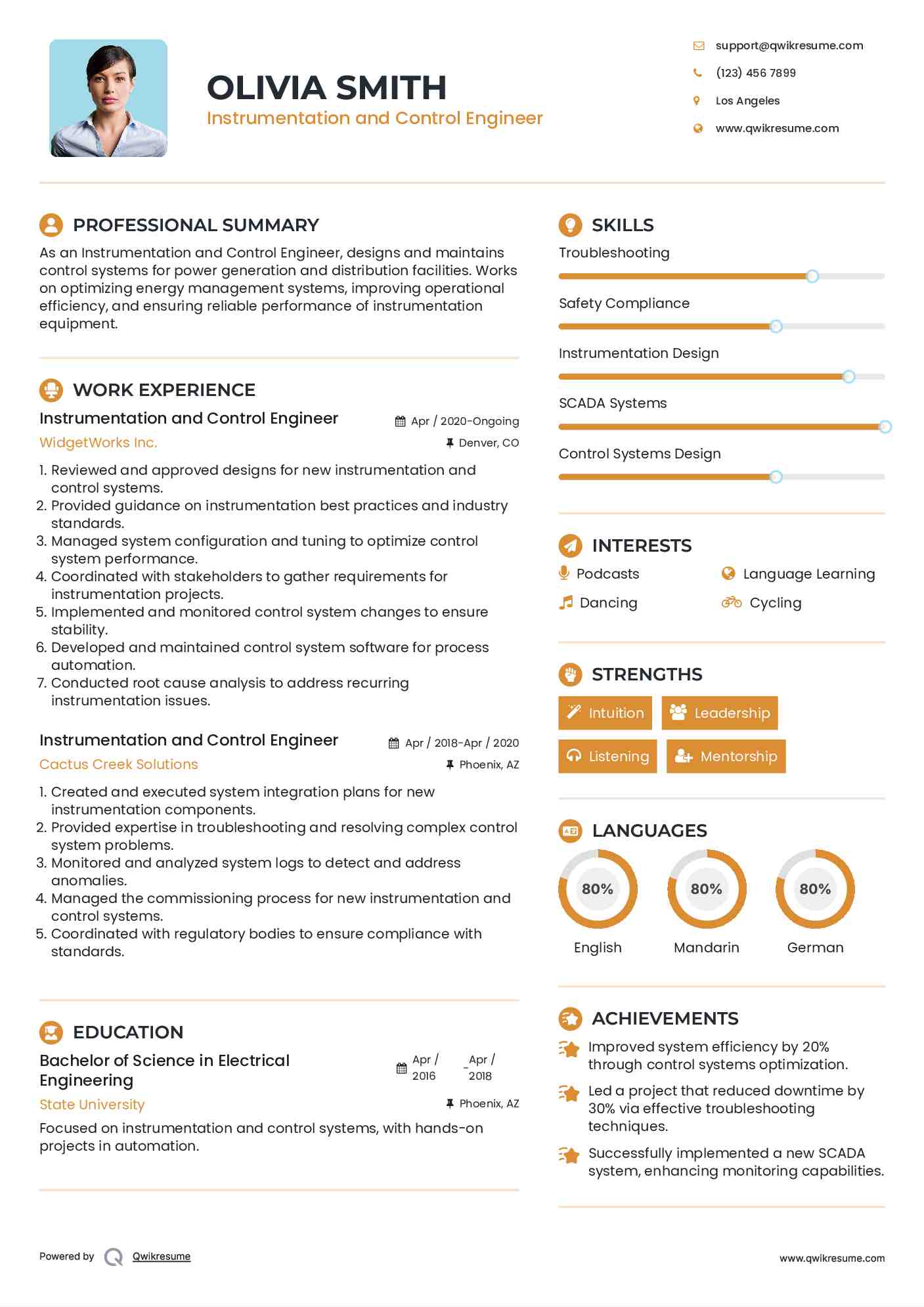 Instrumentation and Control Engineer Resume Example