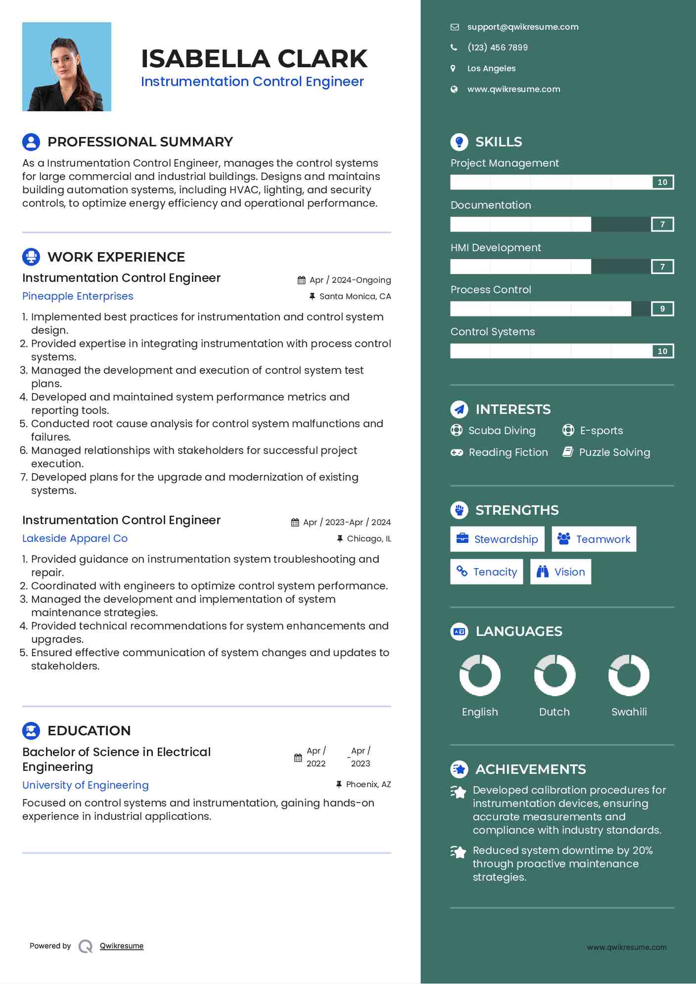 Instrumentation Control Engineer Resume Template