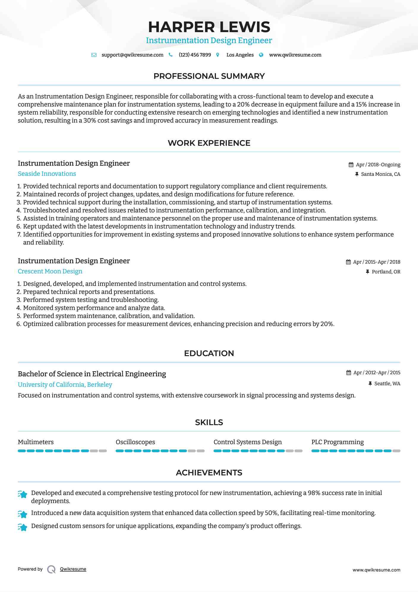 Instrumentation Design Engineer Resume Sample
