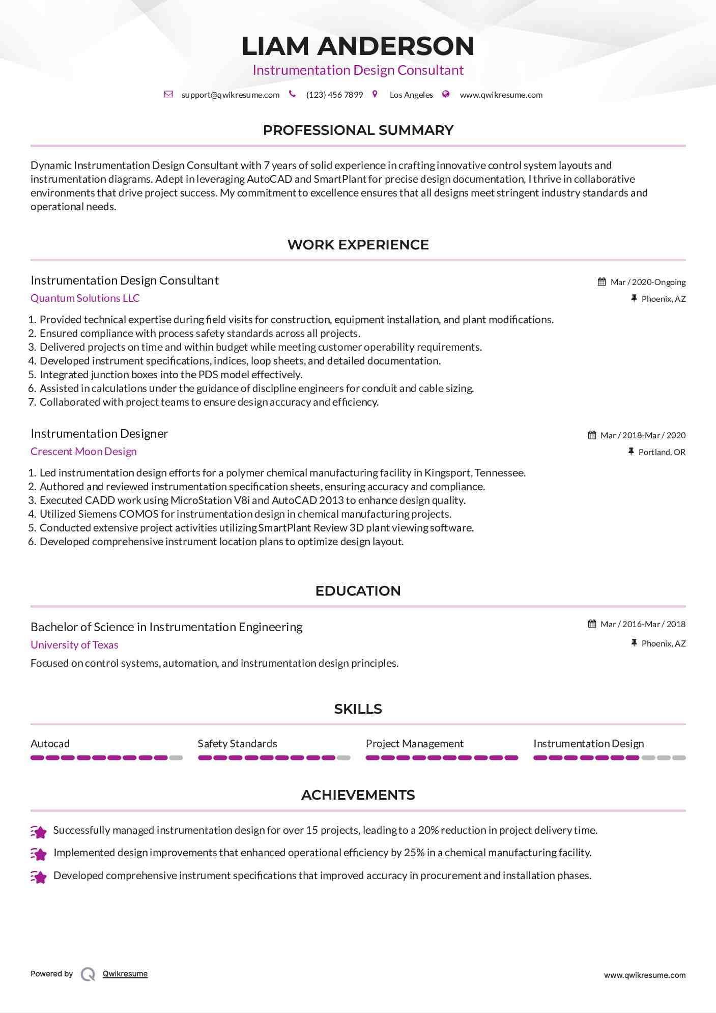 Instrumentation Design Consultant Resume Sample
