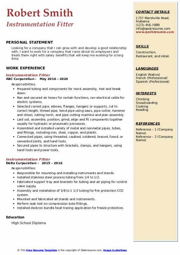 Instrumentation Fitter Resume Samples QwikResume