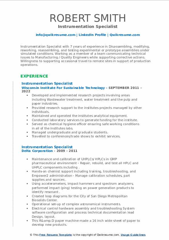 Instrumentation Specialist Resume Samples QwikResume