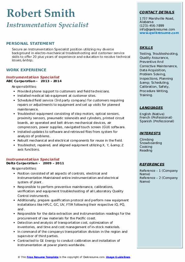 Instrumentation Specialist Resume Samples QwikResume
