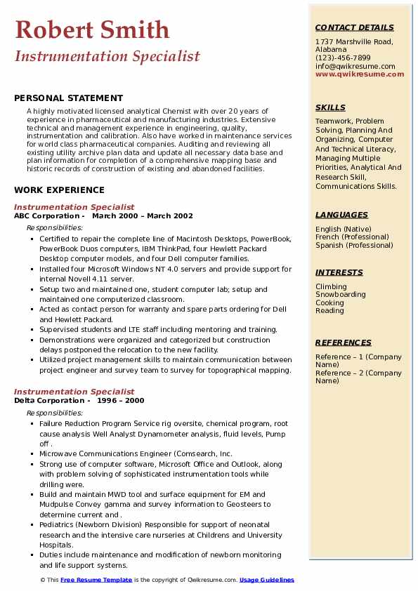 Instrumentation Specialist Resume Samples QwikResume