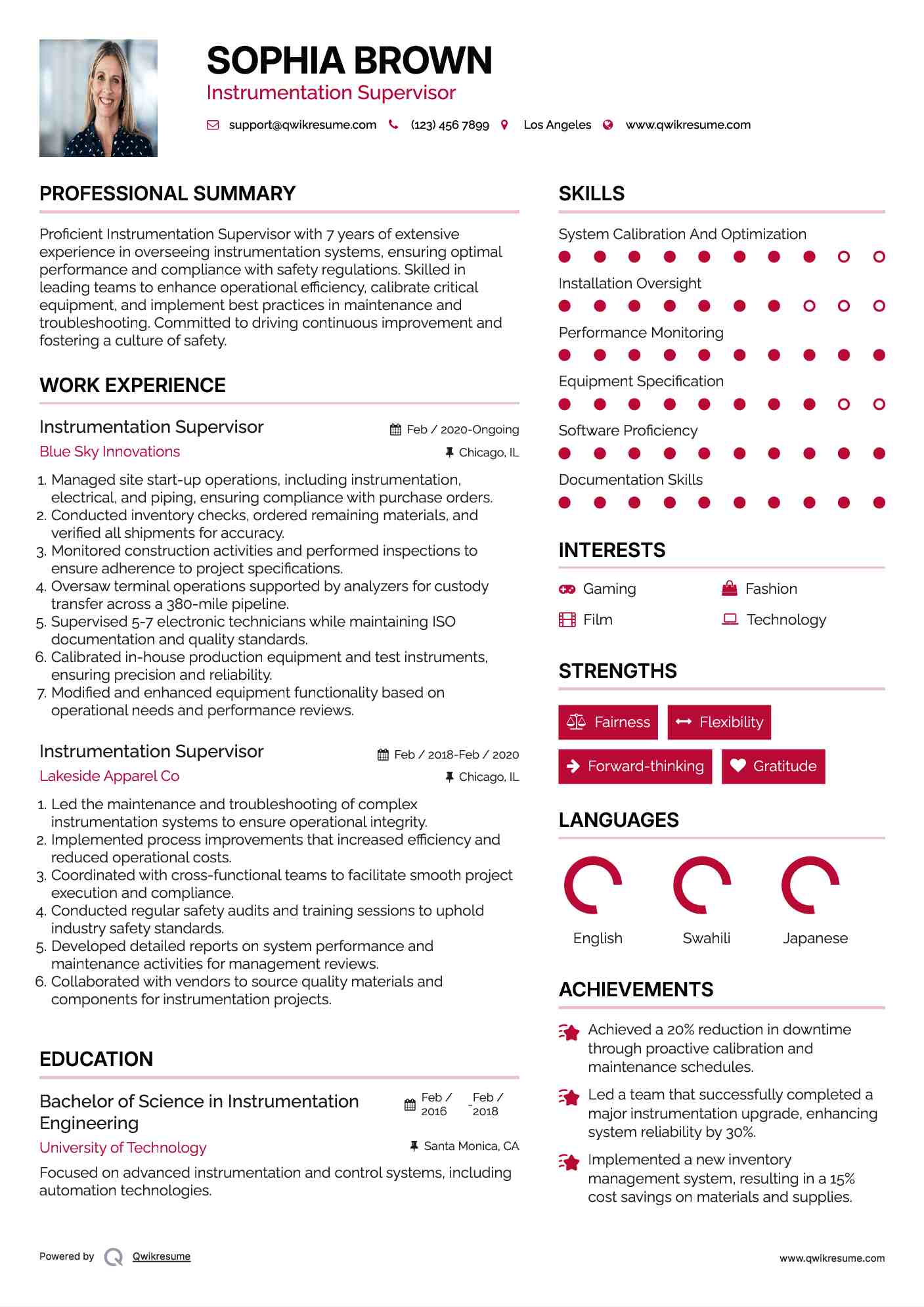 Instrumentation Supervisor Resume Sample