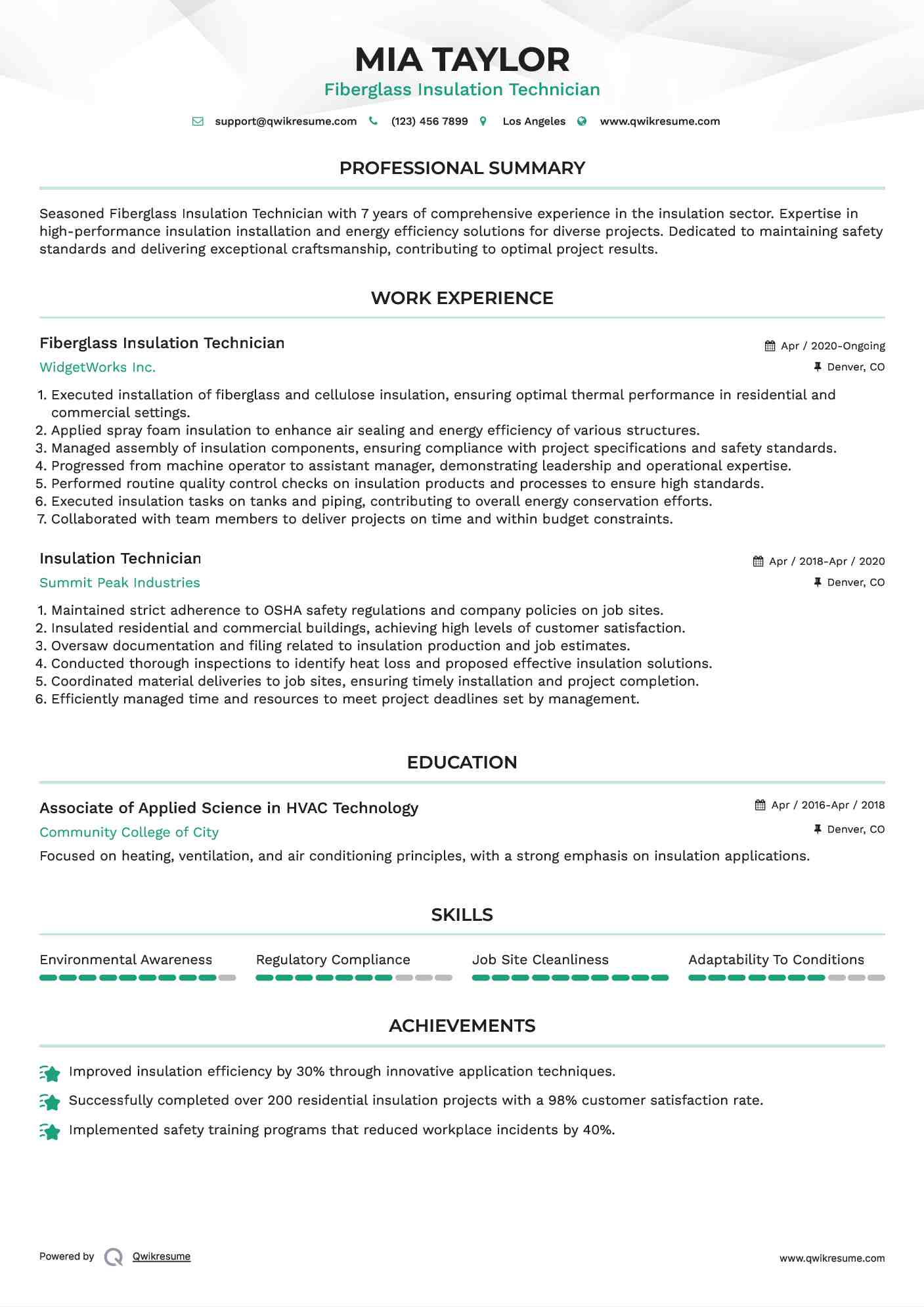 Fiberglass Insulation Technician Resume Model