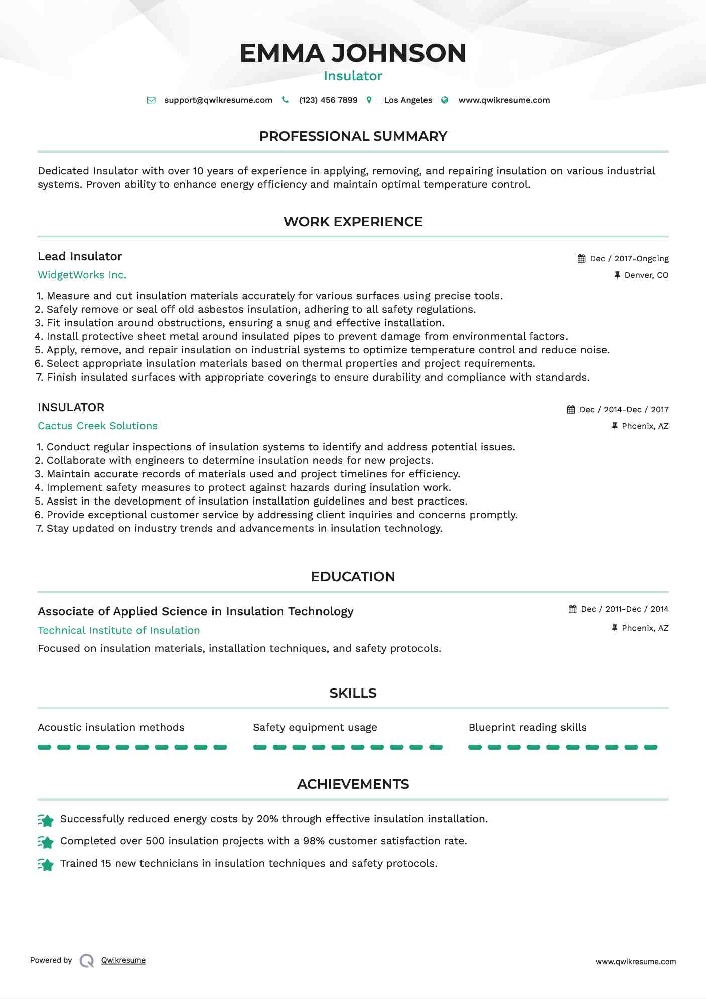 Lead Insulator Resume Sample