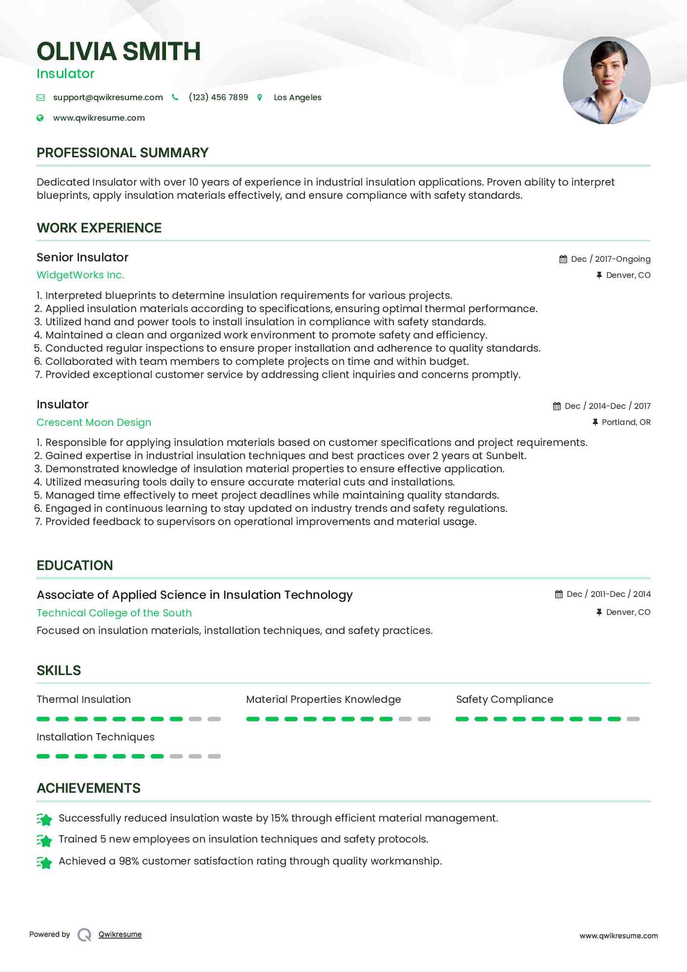 Senior Insulator Resume Example