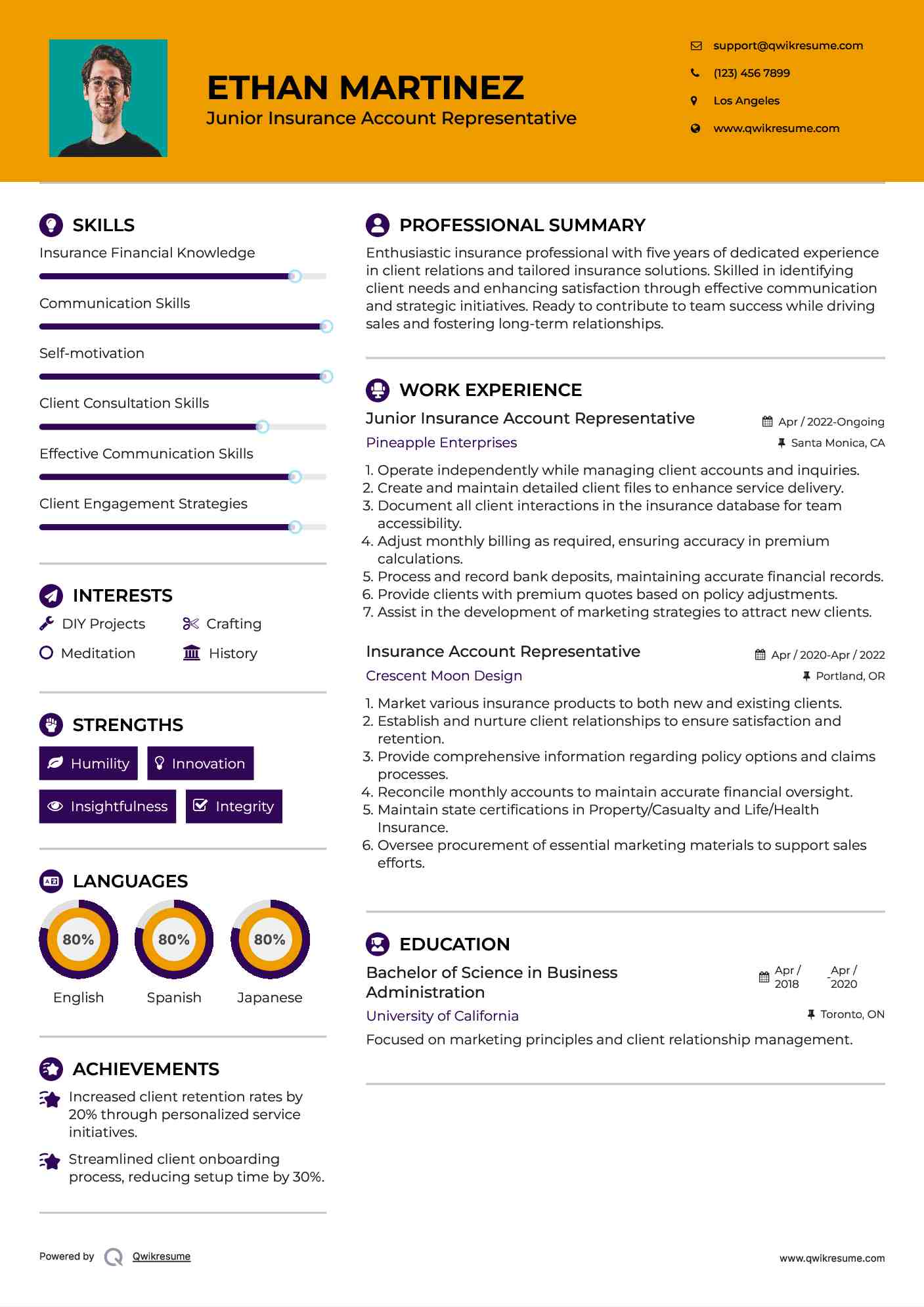 Junior Insurance Account Representative Resume Model