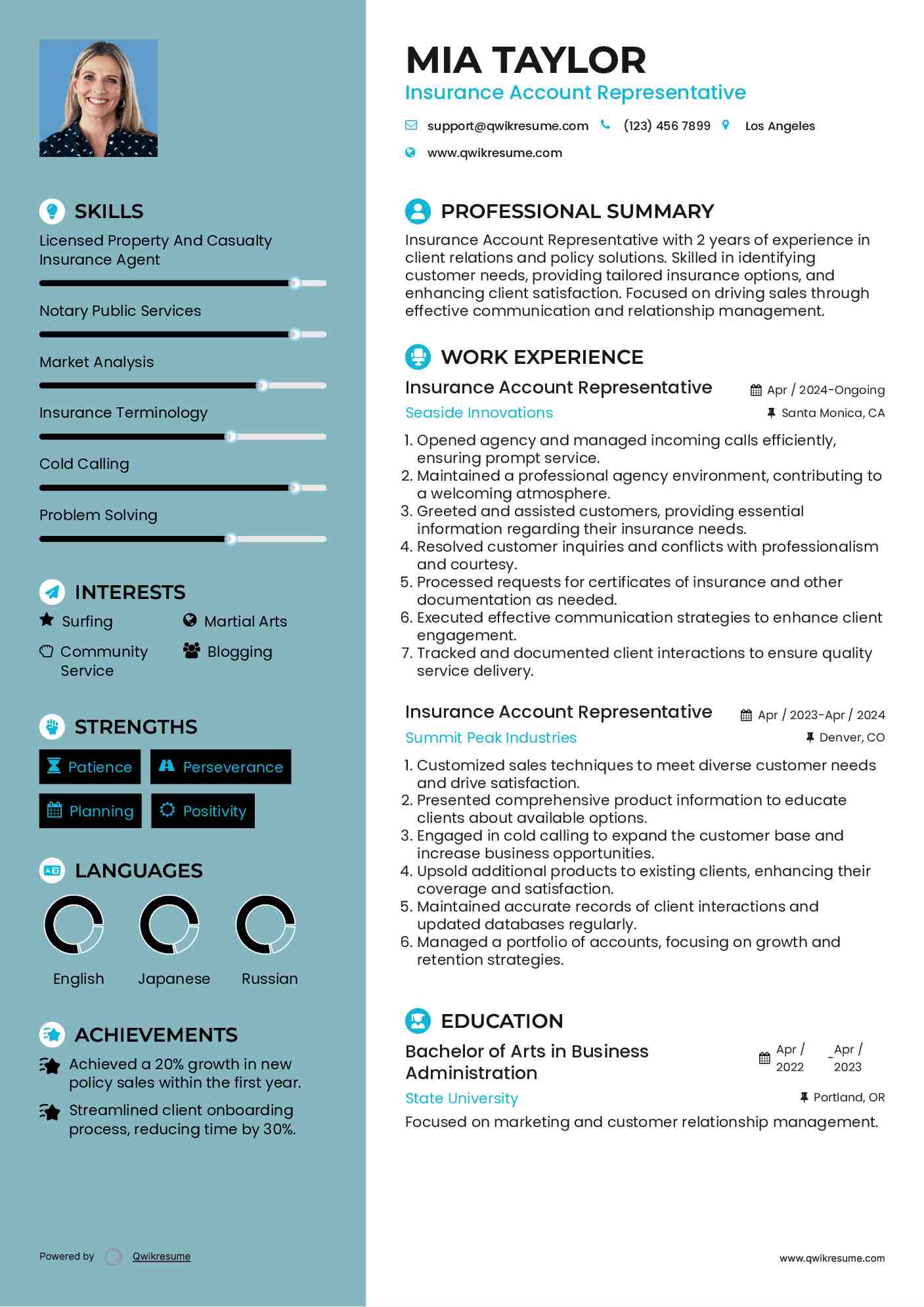 Insurance Account Representative Resume Format