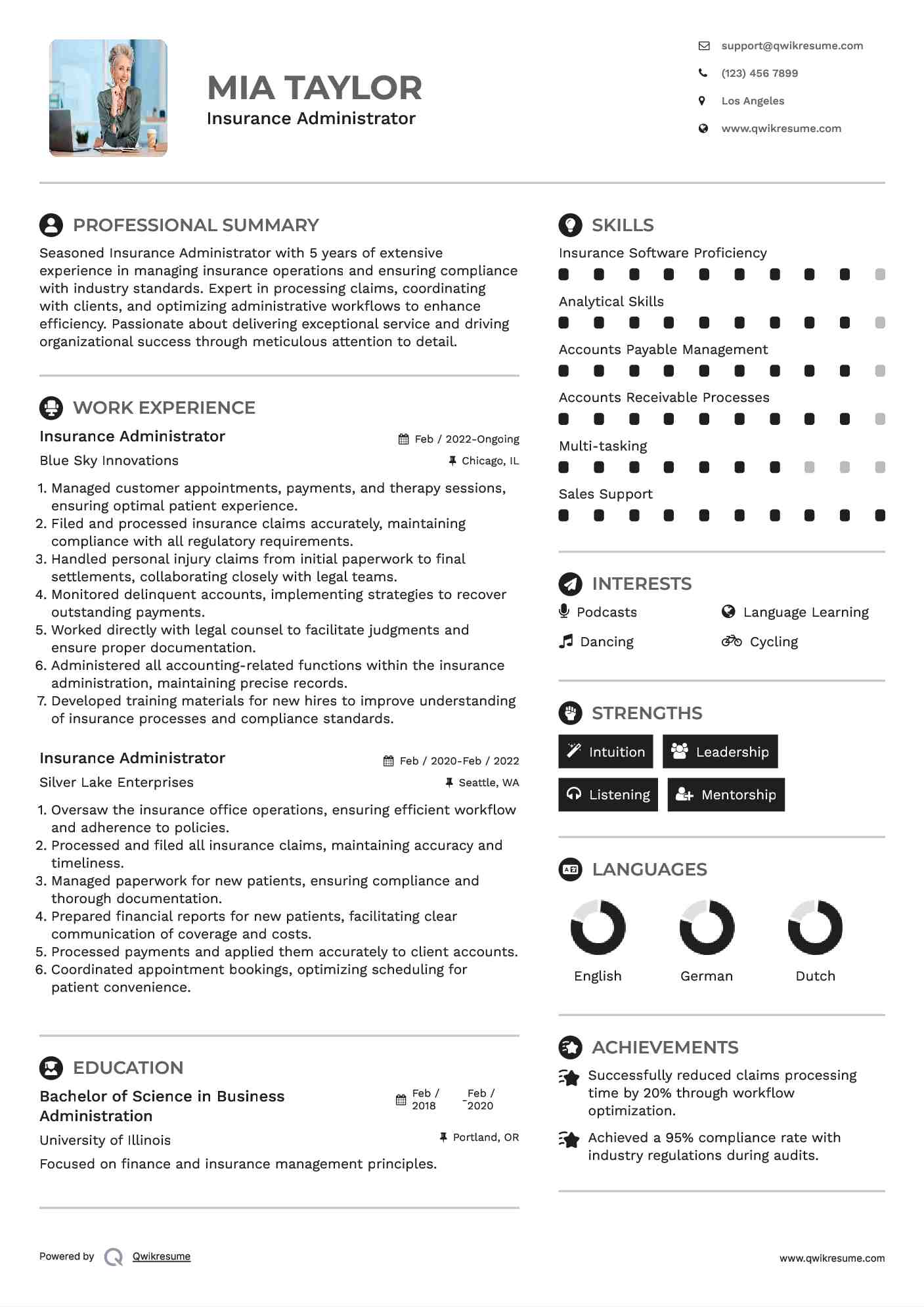 Insurance Administrator Resume Example