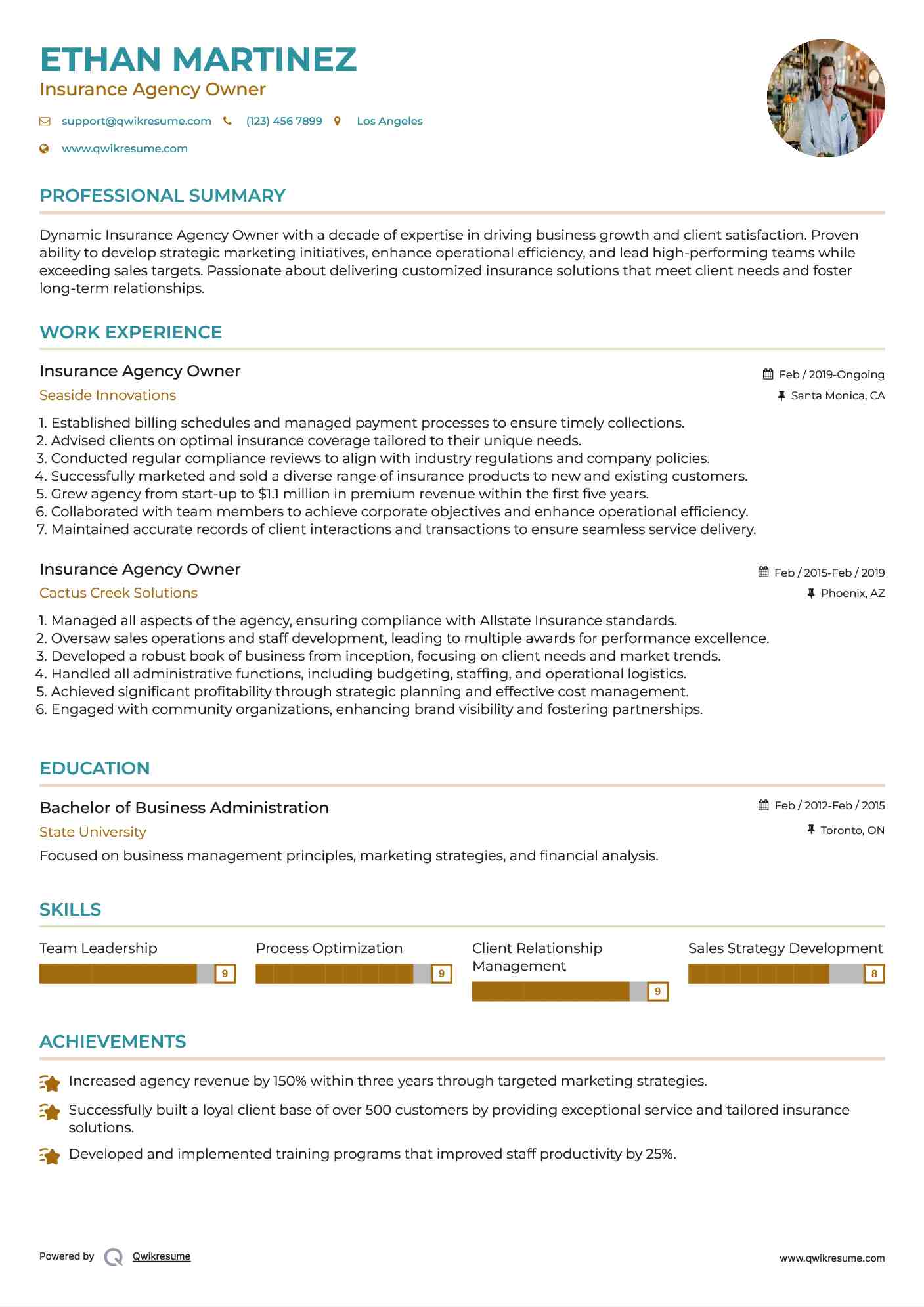 Insurance Agency Owner Resume Format