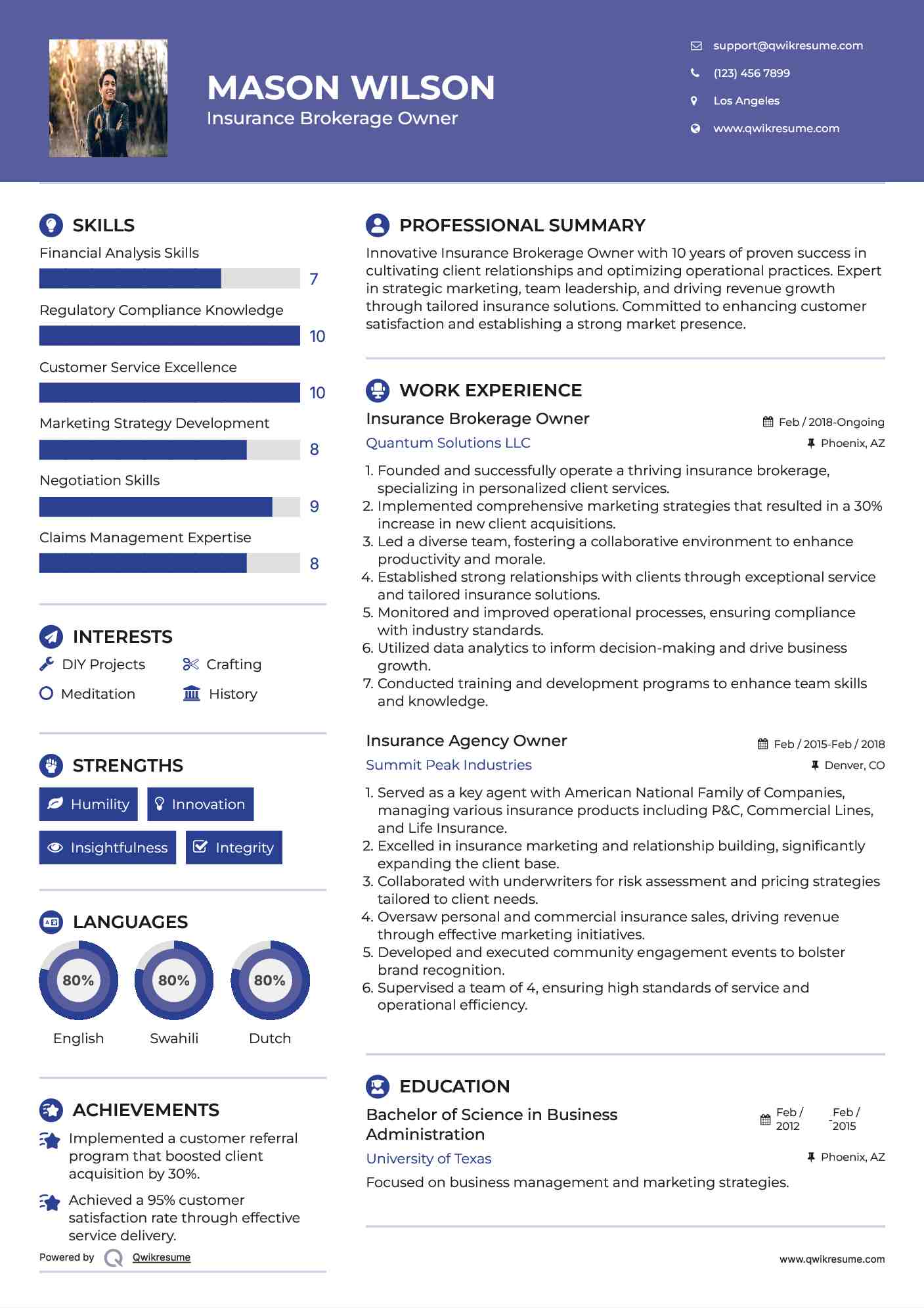 Insurance Brokerage Owner Resume Example