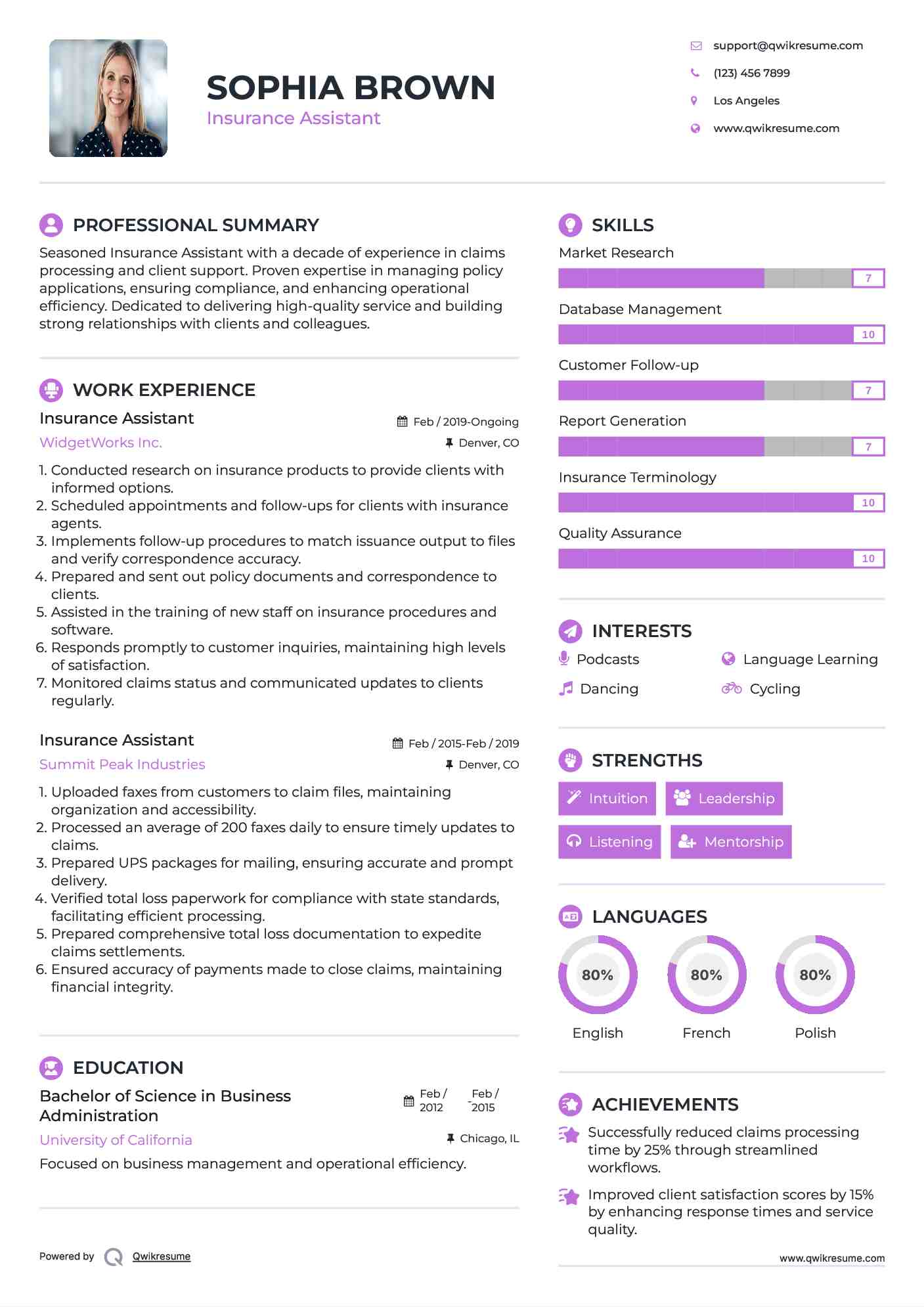 Insurance Assistant Resume Example