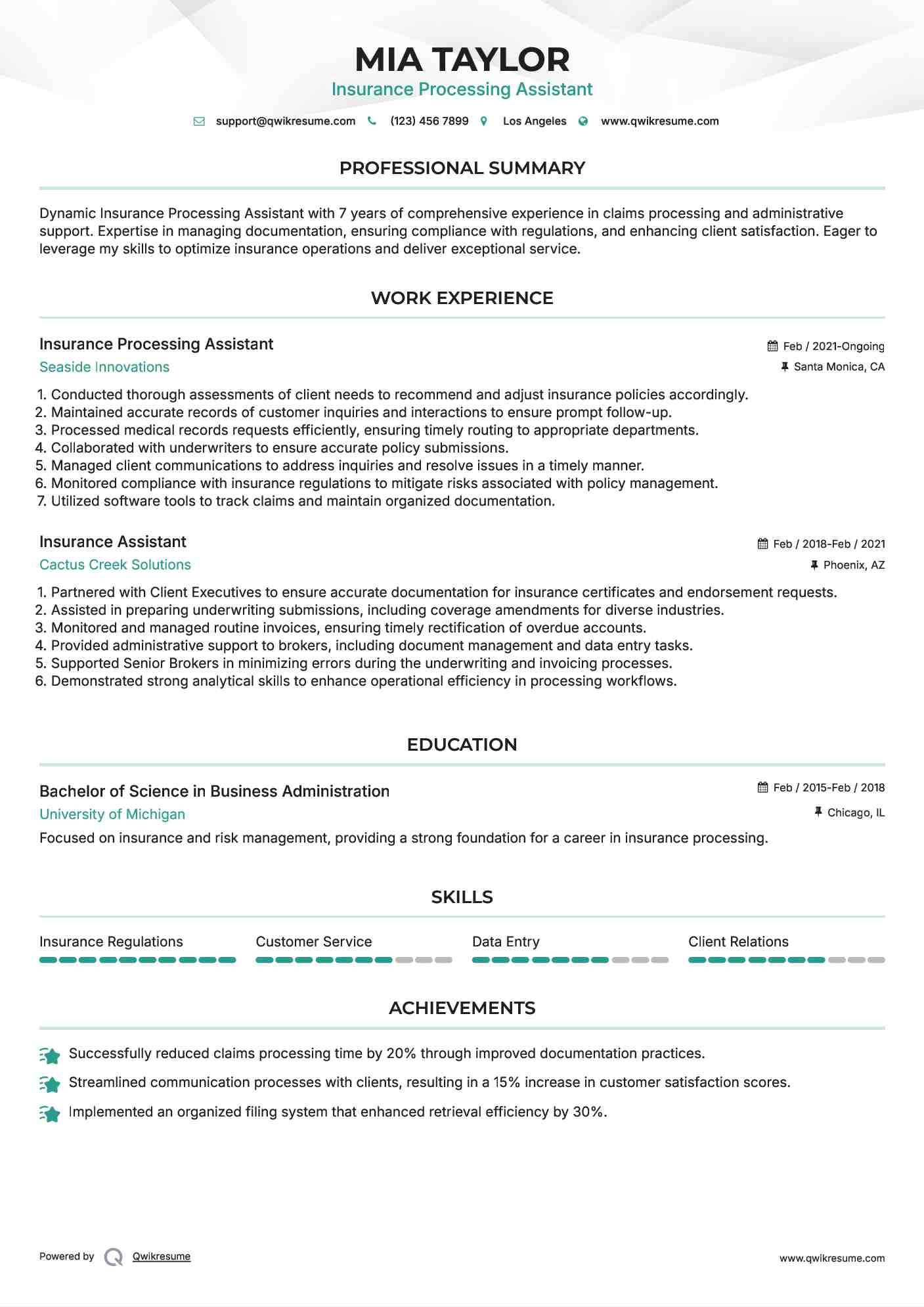 Insurance Processing Assistant Resume Model