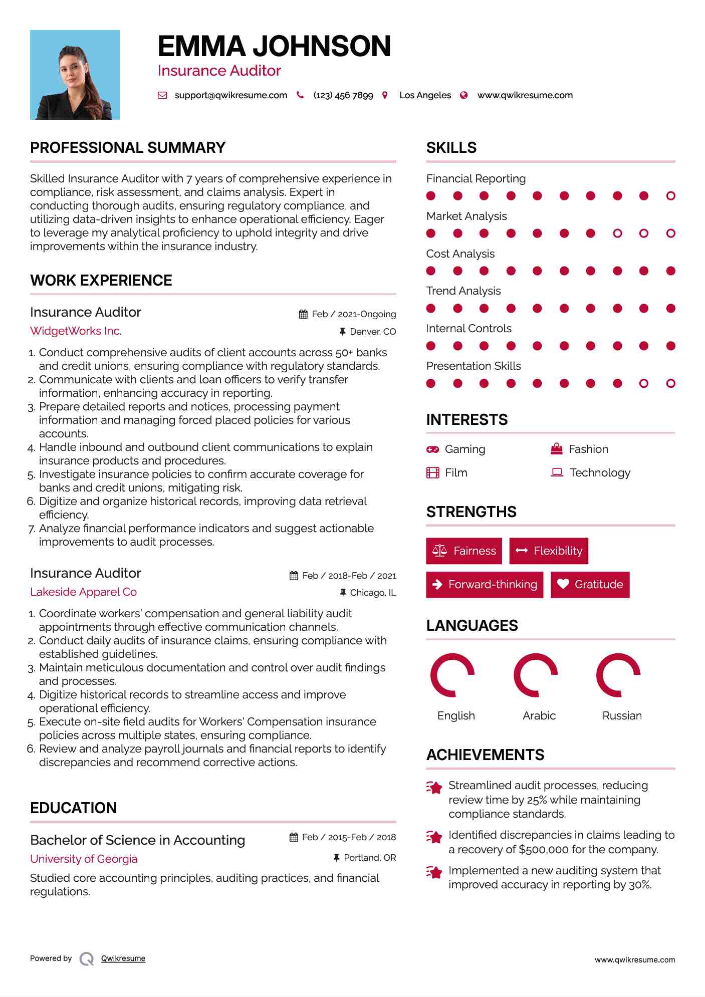 Insurance Auditor Resume Sample