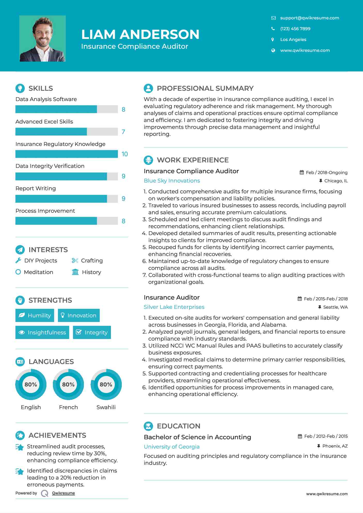 Insurance Compliance Auditor Resume Sample
