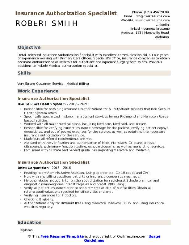 Insurance Authorization Specialist Resume Samples QwikResume