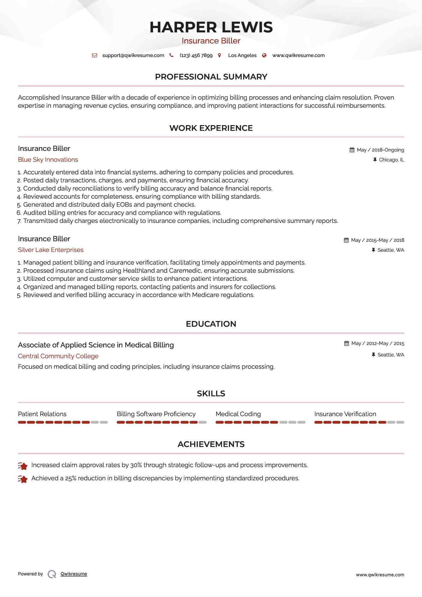 Insurance Biller Resume Format