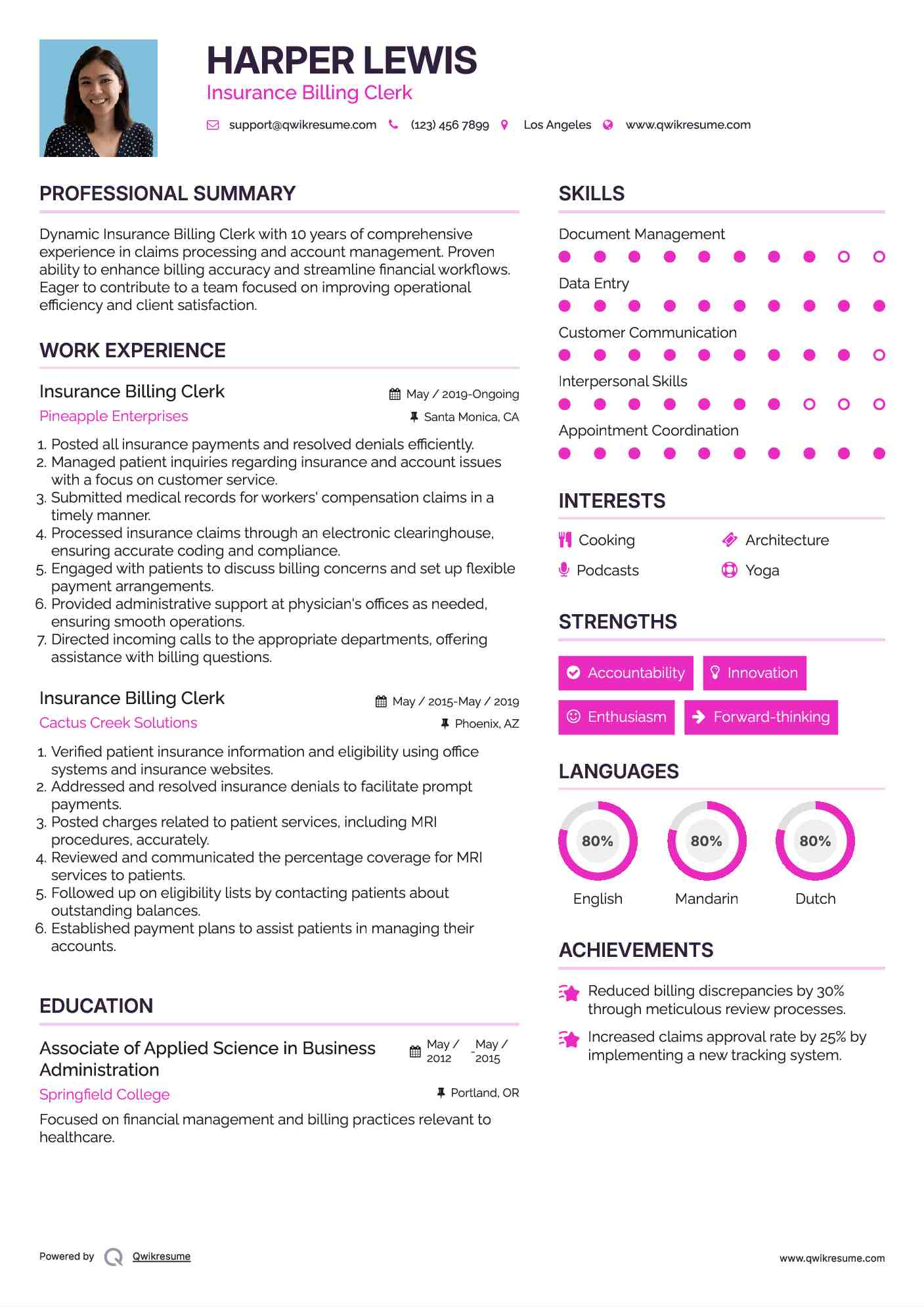 Insurance Billing Clerk Resume Example