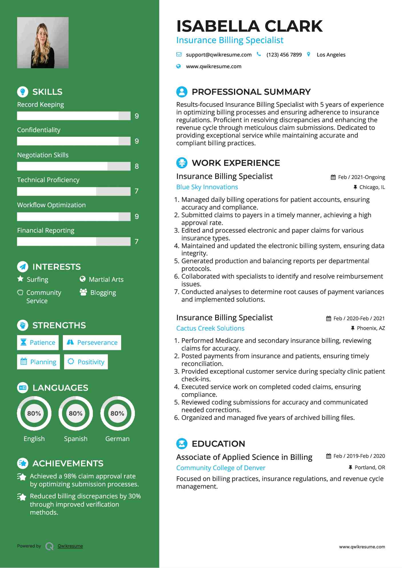 Insurance Billing Specialist Resume Samples QwikResume