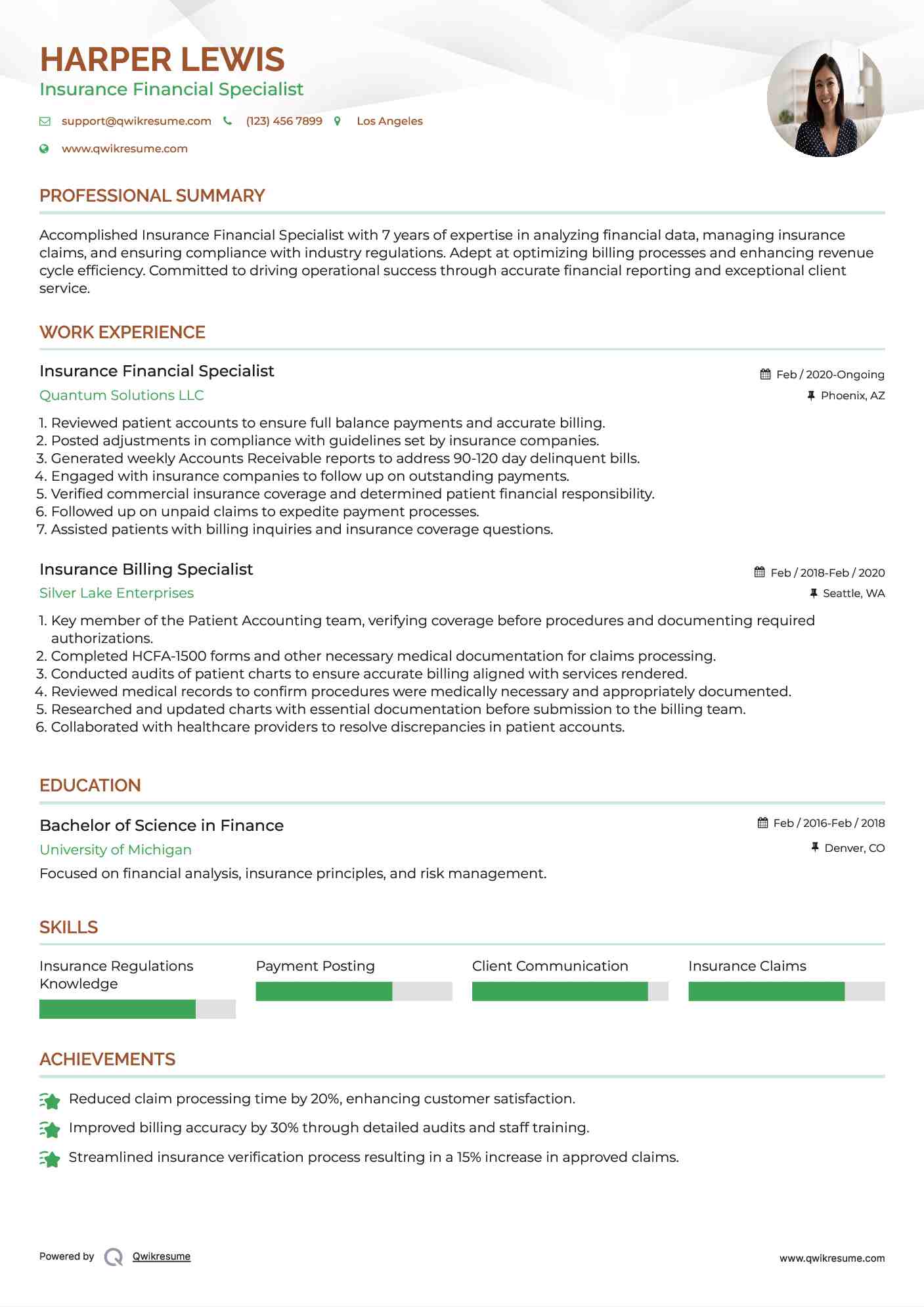Insurance Financial Specialist Resume Format