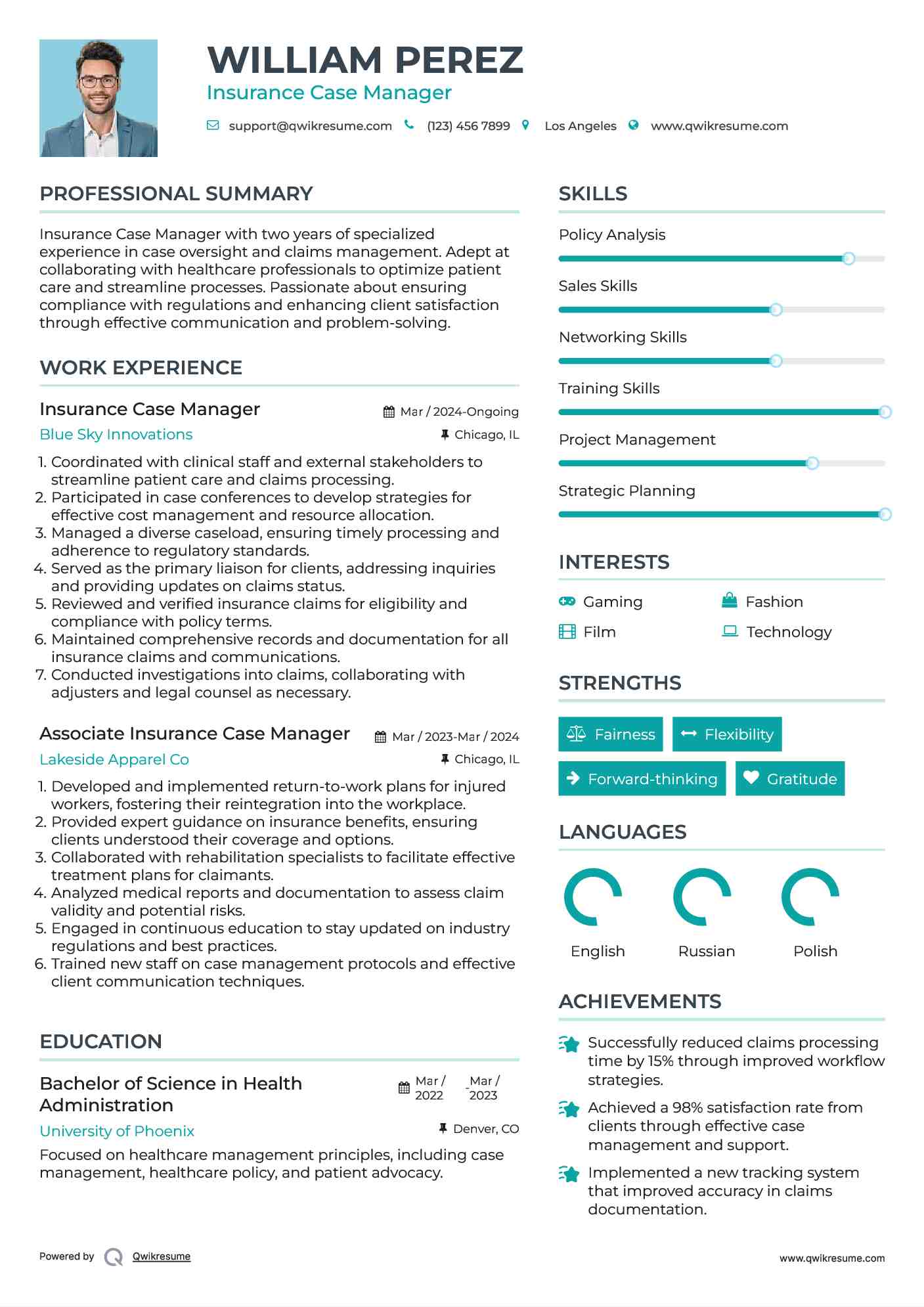 Insurance Case Manager Resume Model