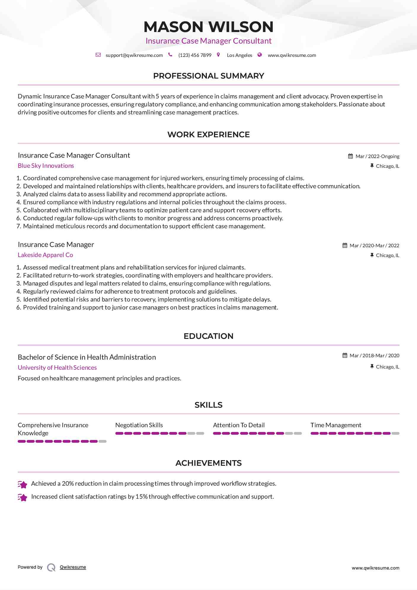 Insurance Case Manager Consultant Resume Template
