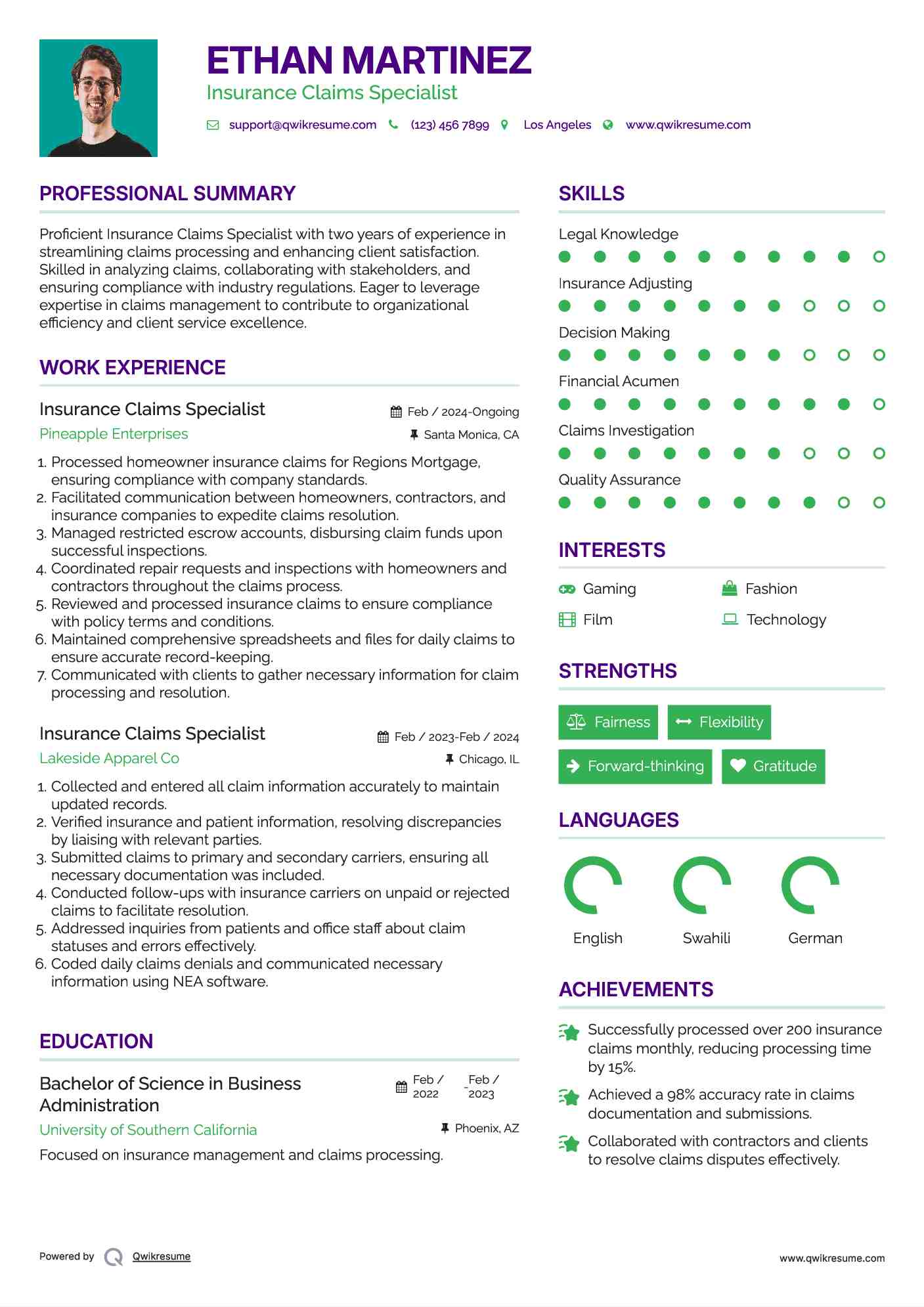 Insurance Claims Specialist Resume Samples QwikResume