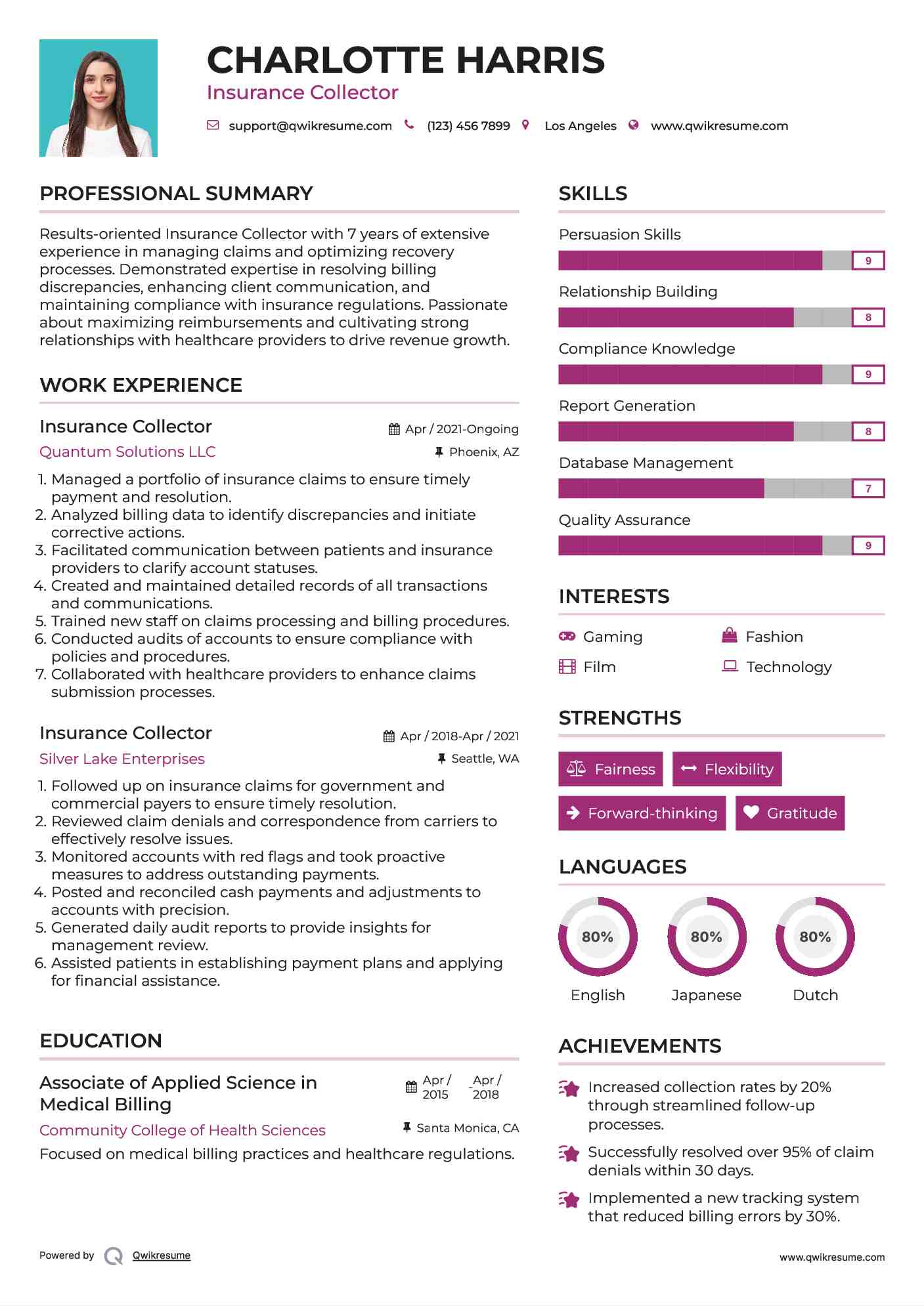 Insurance Collector Resume Sample