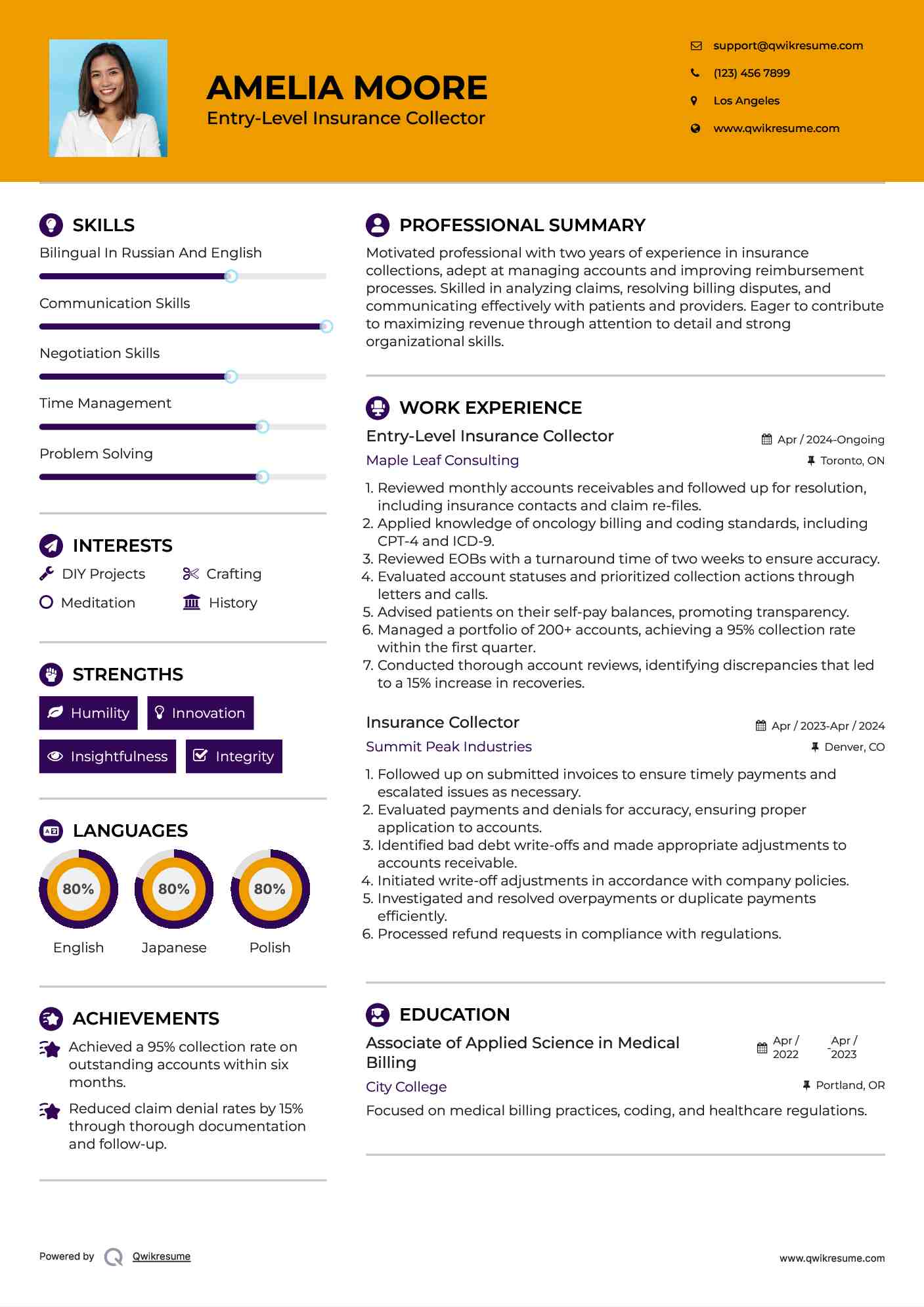 Entry-Level Insurance Collector Resume Sample