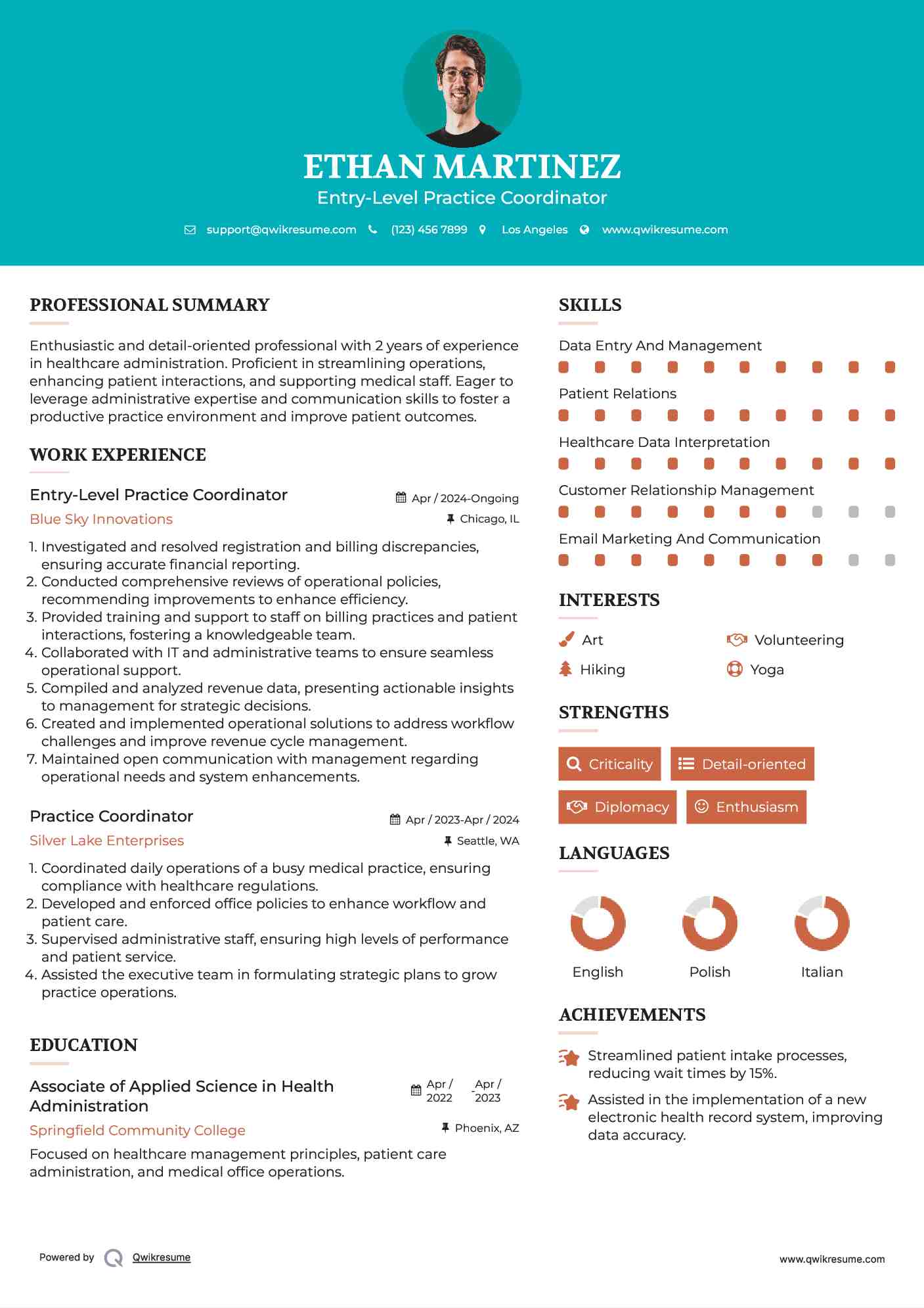 Entry-Level Practice Coordinator Resume Model